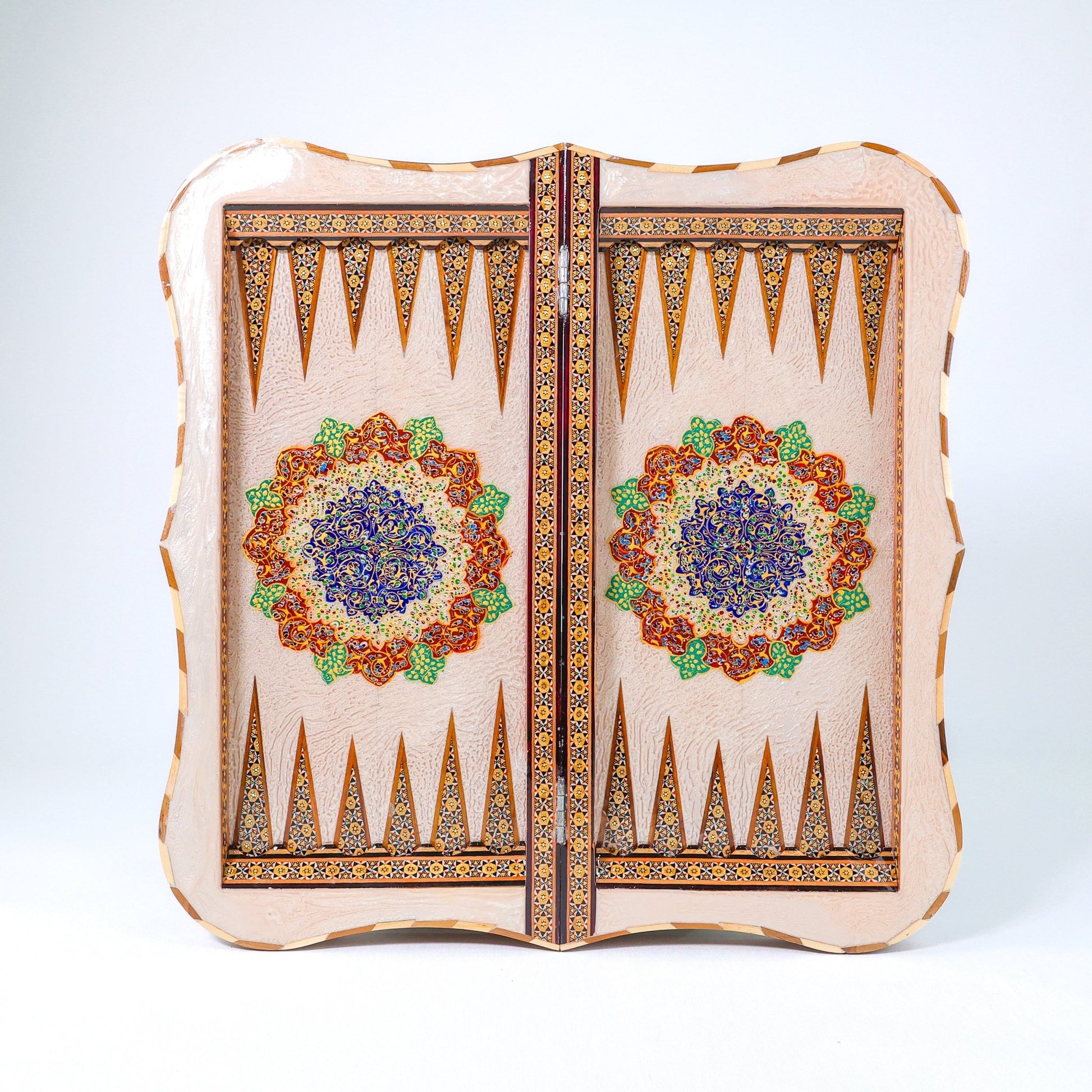Backgammon & Chess Board – Scalloped Edge – Mother - of - Pearl Interior – Tazhib Design 02 – Size 50 cm - Meraas Gallery