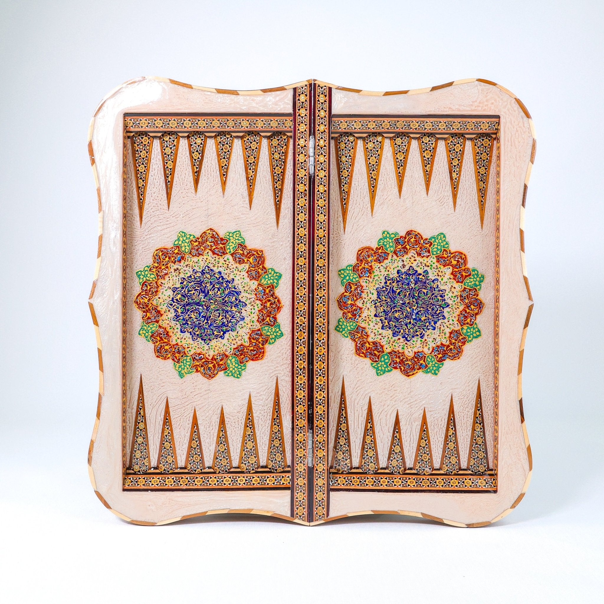 Backgammon & Chess Board – Scalloped Edge – Mother - of - Pearl Interior – Tazhib Design 02 – Size 50 cm - Meraas Gallery