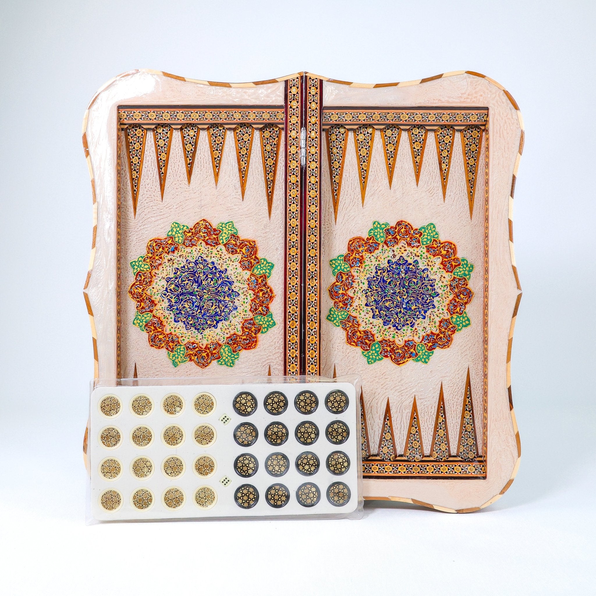 Backgammon & Chess Board – Scalloped Edge – Mother - of - Pearl Interior – Tazhib Design 02 – Size 50 cm - Meraas Gallery