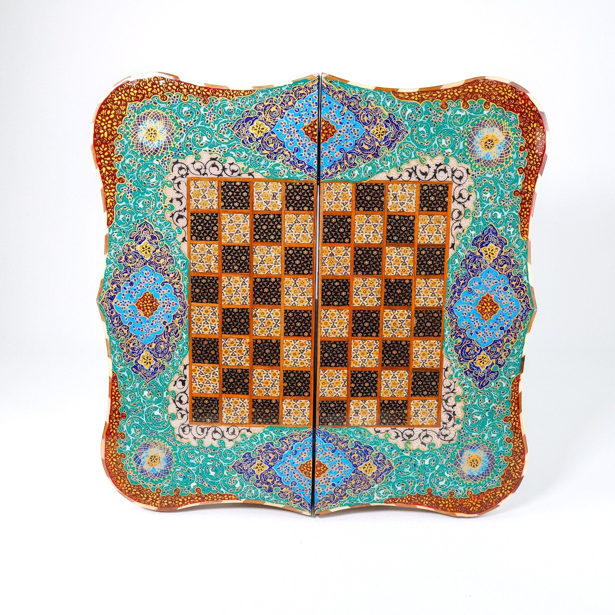 Backgammon & Chess Board – Scalloped Edge – Mother - of - Pearl Interior – Tazhib Design 02 – Size 50 cm - Meraas Gallery