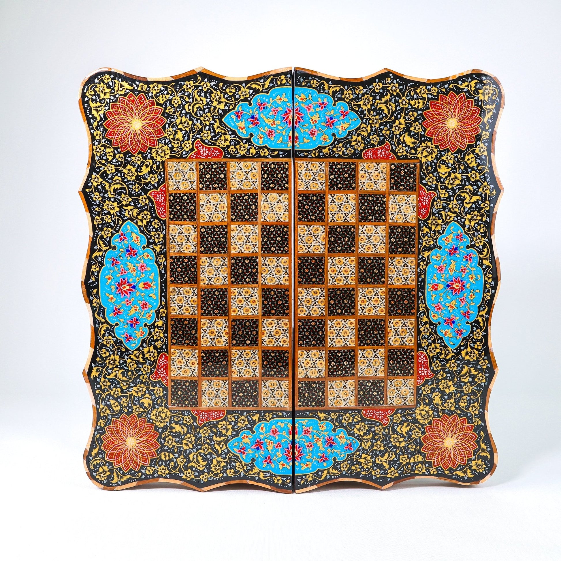 Backgammon & Chess Board – Scalloped Edge – Mother - of - Pearl Interior – Tazhib Design 03 – Size 50 cm - Meraas Gallery