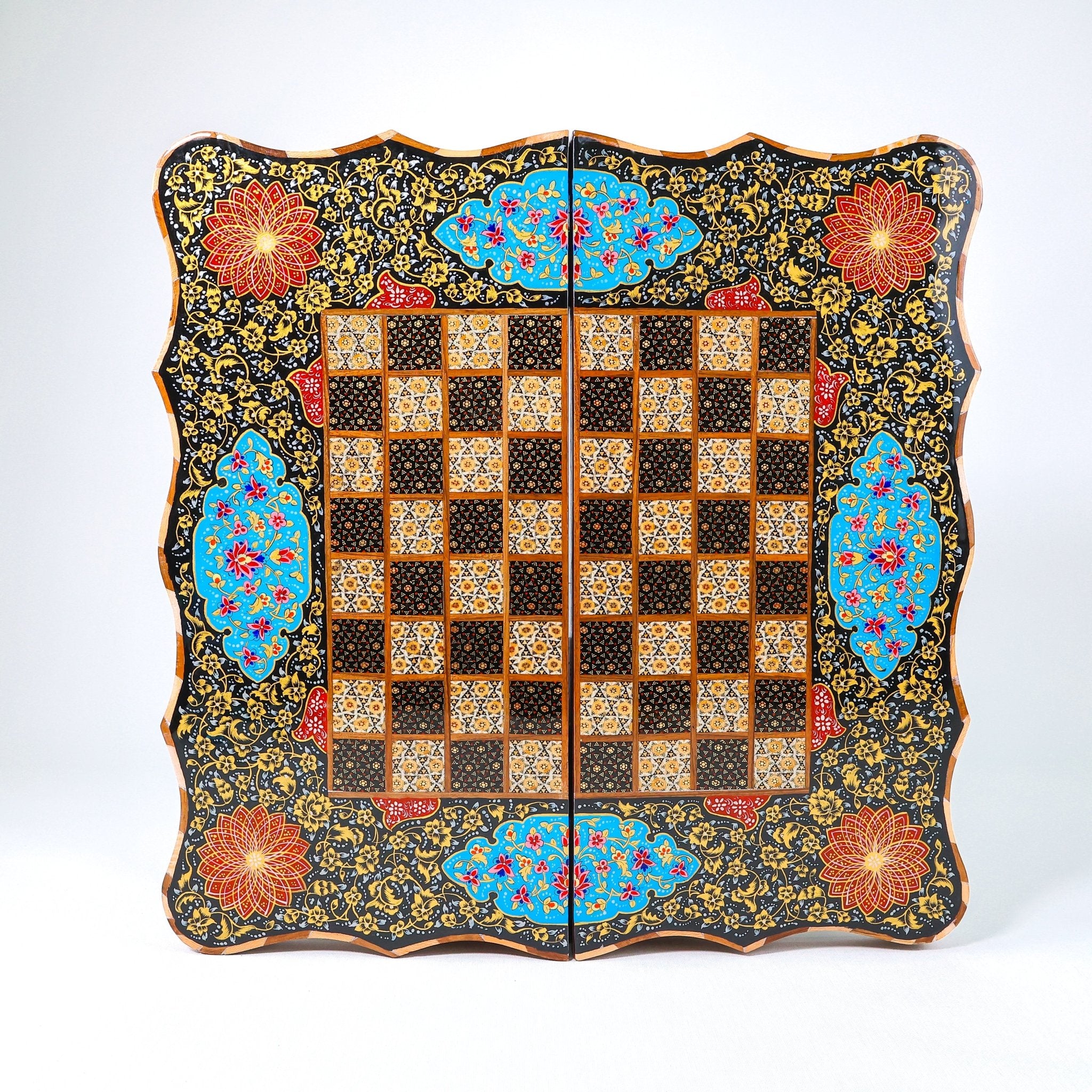 Backgammon & Chess Board – Scalloped Edge – Mother - of - Pearl Interior – Tazhib Design 03 – Size 50 cm - Meraas Gallery