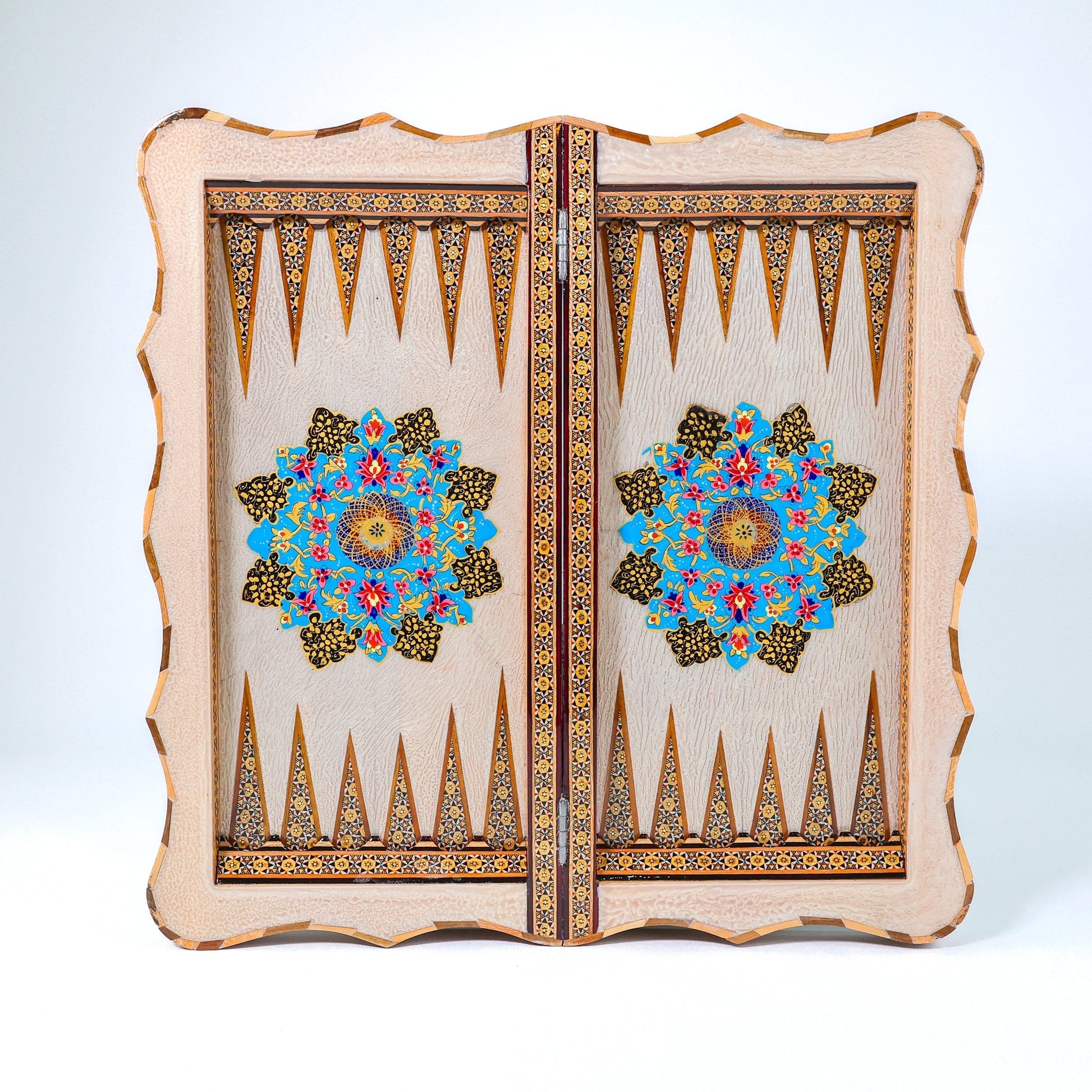 Backgammon & Chess Board – Scalloped Edge – Mother - of - Pearl Interior – Tazhib Design 03 – Size 50 cm - Meraas Gallery