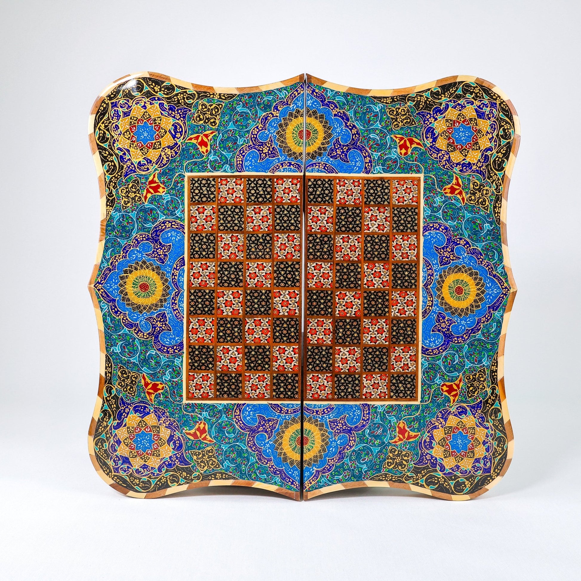 Backgammon & Chess Board – Scalloped Edge – Mother - of - Pearl Interior – Tazhib Design 04 – Size 50 cm - Meraas Gallery
