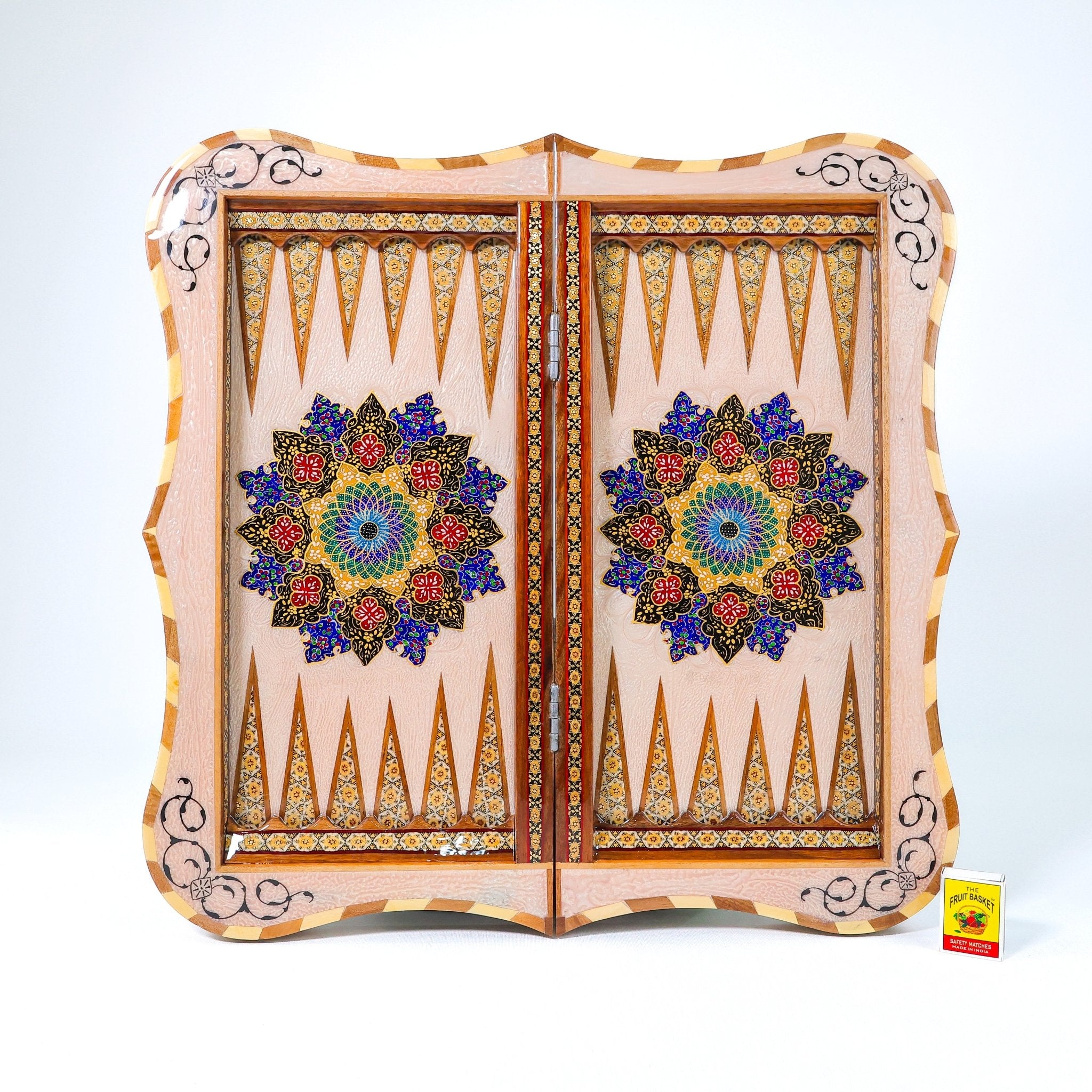 Backgammon & Chess Board – Scalloped Edge – Mother - of - Pearl Interior – Tazhib Design 04 – Size 50 cm - Meraas Gallery