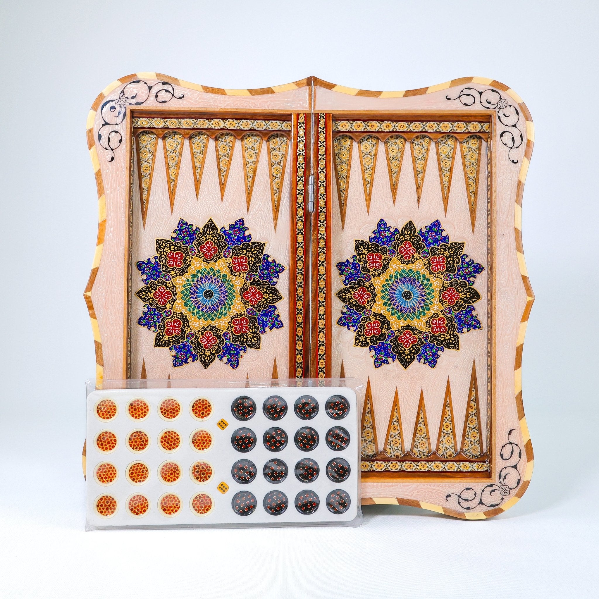 Backgammon & Chess Board – Scalloped Edge – Mother - of - Pearl Interior – Tazhib Design 04 – Size 50 cm - Meraas Gallery