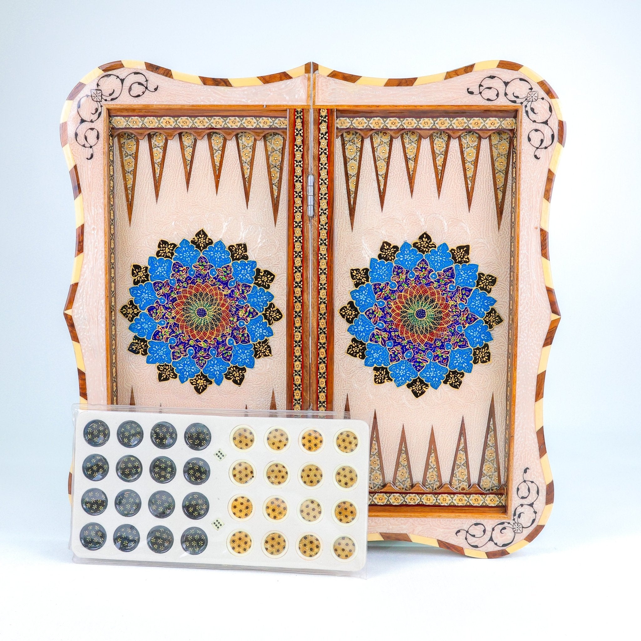 Backgammon & Chess Board – Scalloped Edge – Mother - of - Pearl Interior – Tazhib Design 05 – Size 50 cm - Meraas Gallery
