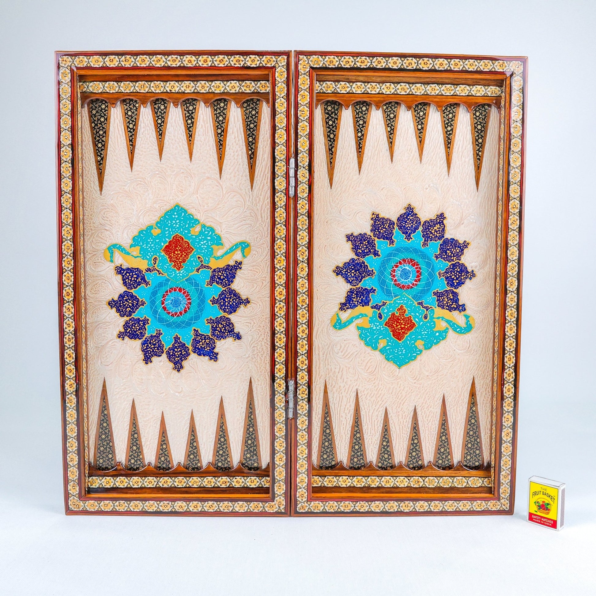 Backgammon & Chess Board – Rounded Edge – Zamani Style – Khatam Painting – Design 01 – Size 50 cm - Meraas Gallery