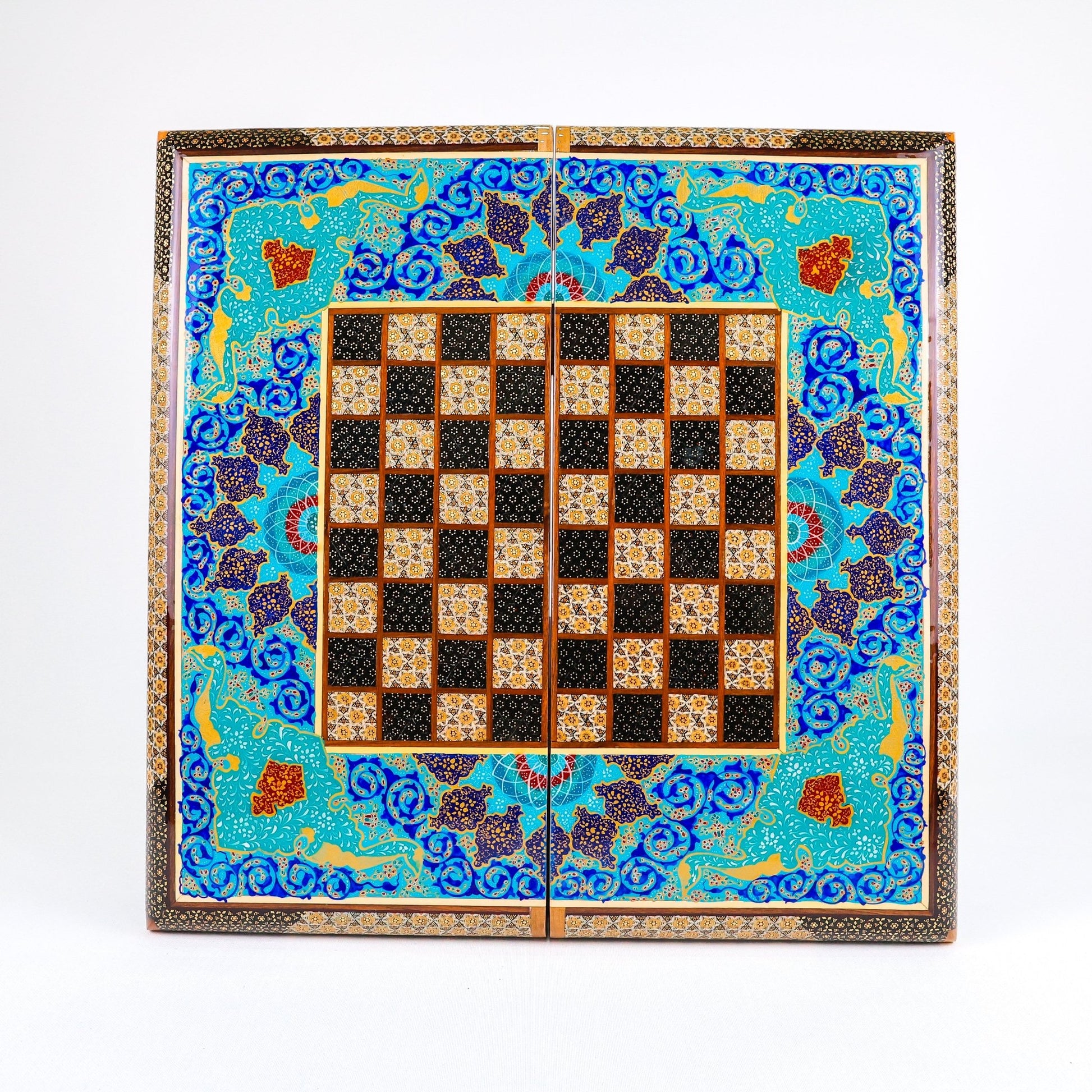 Backgammon & Chess Board – Rounded Edge – Zamani Style – Khatam Painting – Design 01 – Size 50 cm - Meraas Gallery