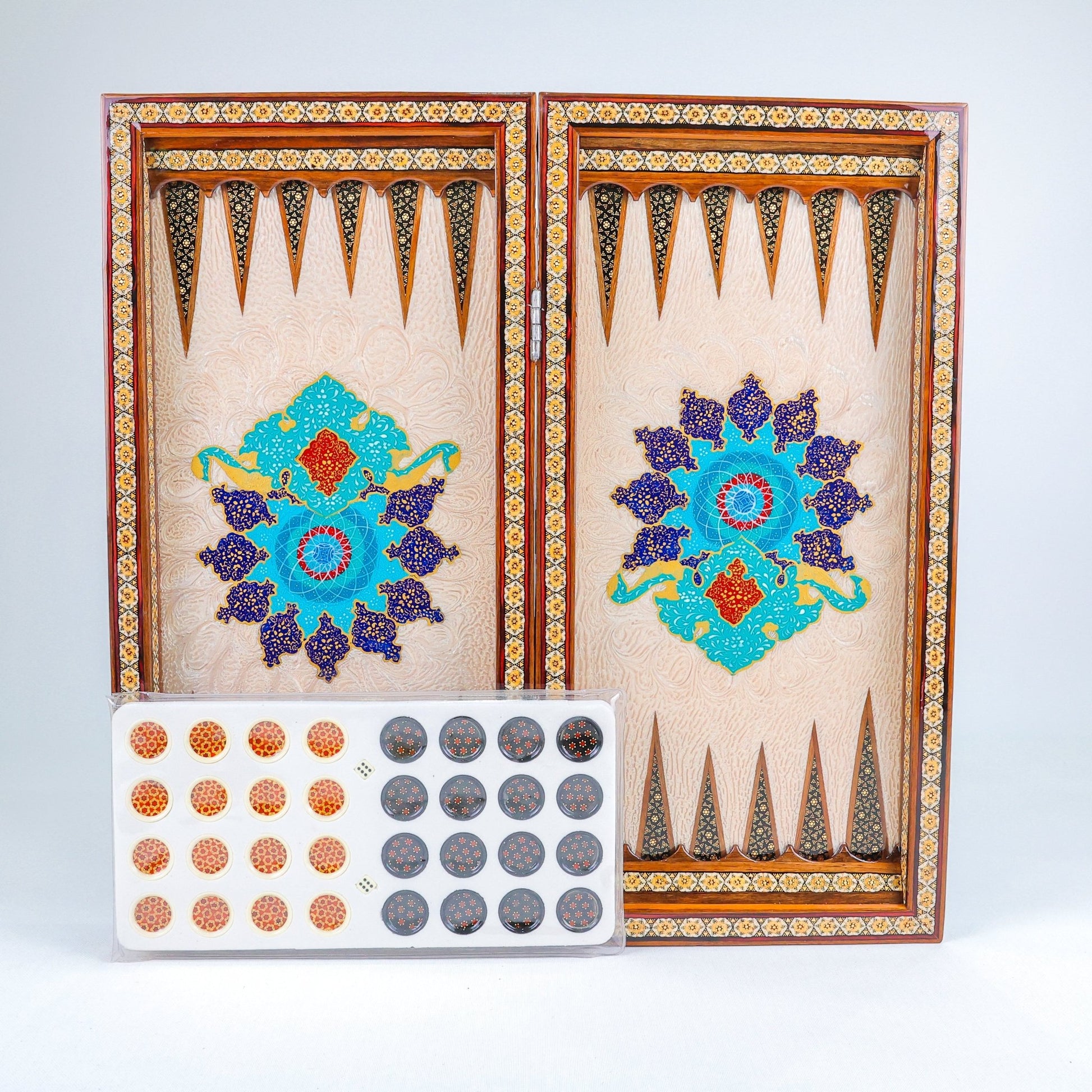 Backgammon & Chess Board – Rounded Edge – Zamani Style – Khatam Painting – Design 01 – Size 50 cm - Meraas Gallery