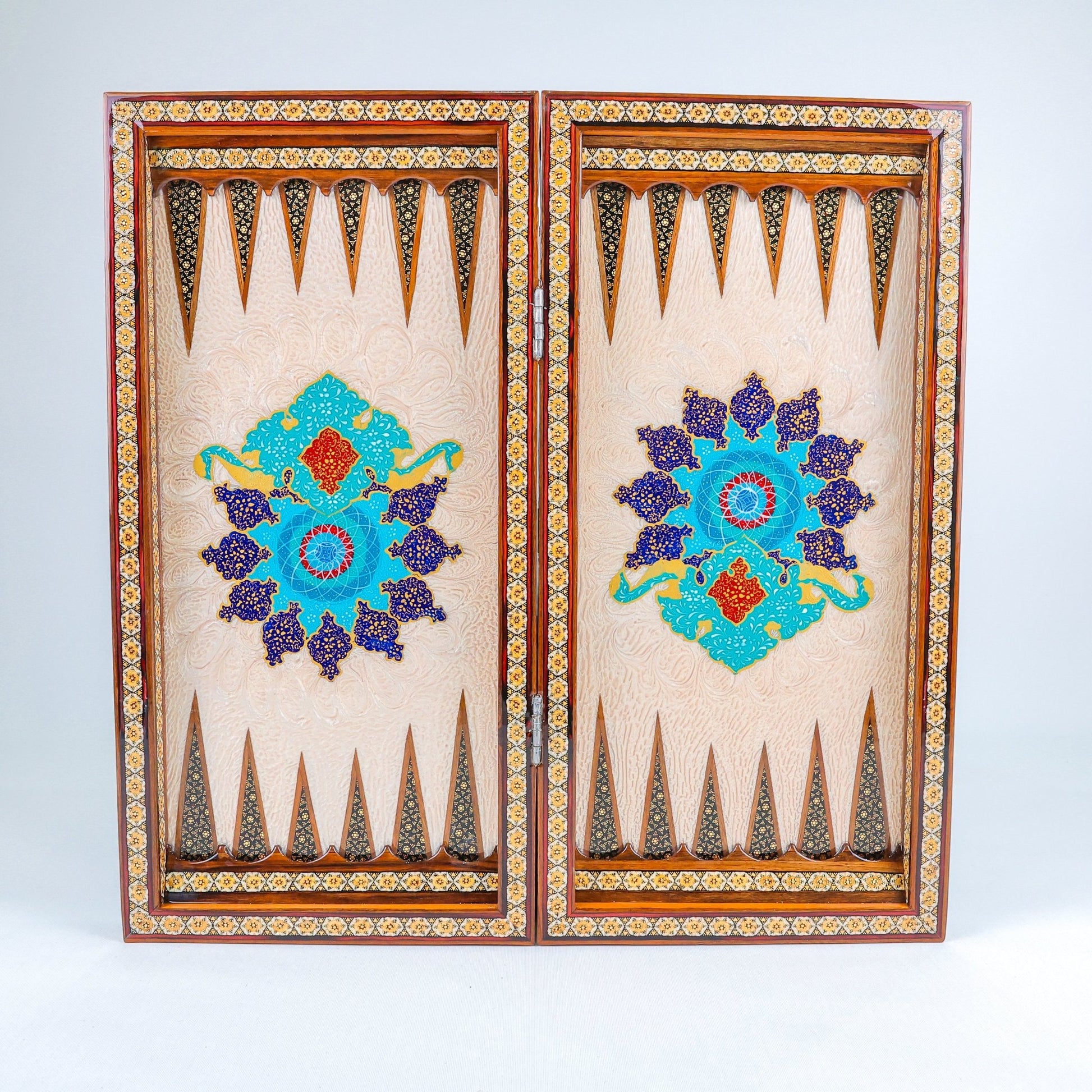 Backgammon & Chess Board – Rounded Edge – Zamani Style – Khatam Painting – Design 01 – Size 50 cm - Meraas Gallery