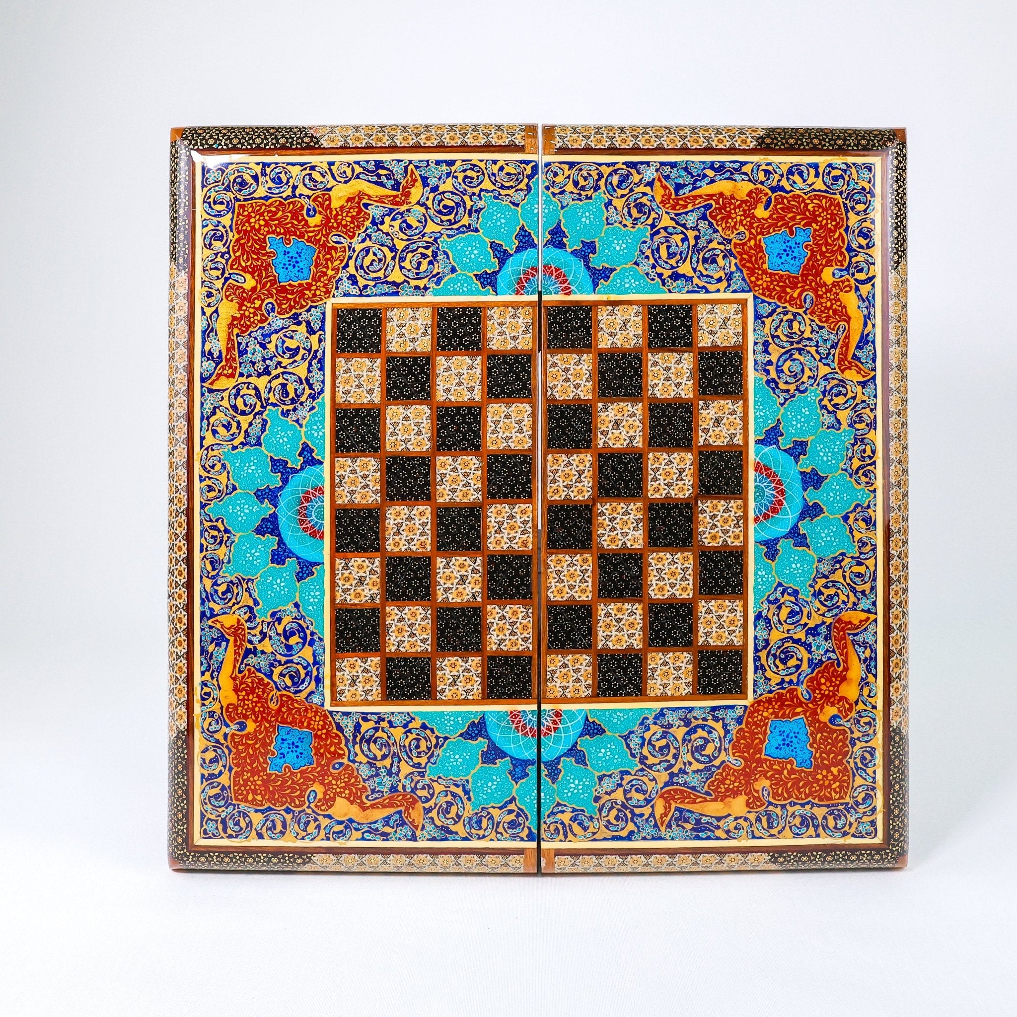 Backgammon & Chess Board – Rounded Edge – Zamani Style – Khatam Painting – Design 02 – Size 50 cm - Meraas Gallery