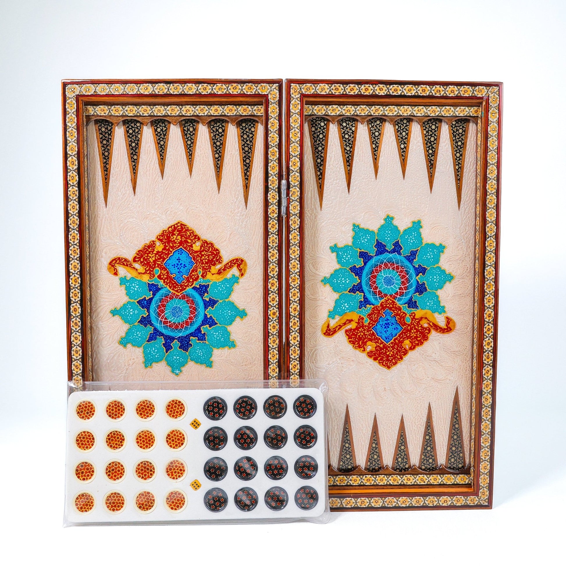 Backgammon & Chess Board – Rounded Edge – Zamani Style – Khatam Painting – Design 02 – Size 50 cm - Meraas Gallery