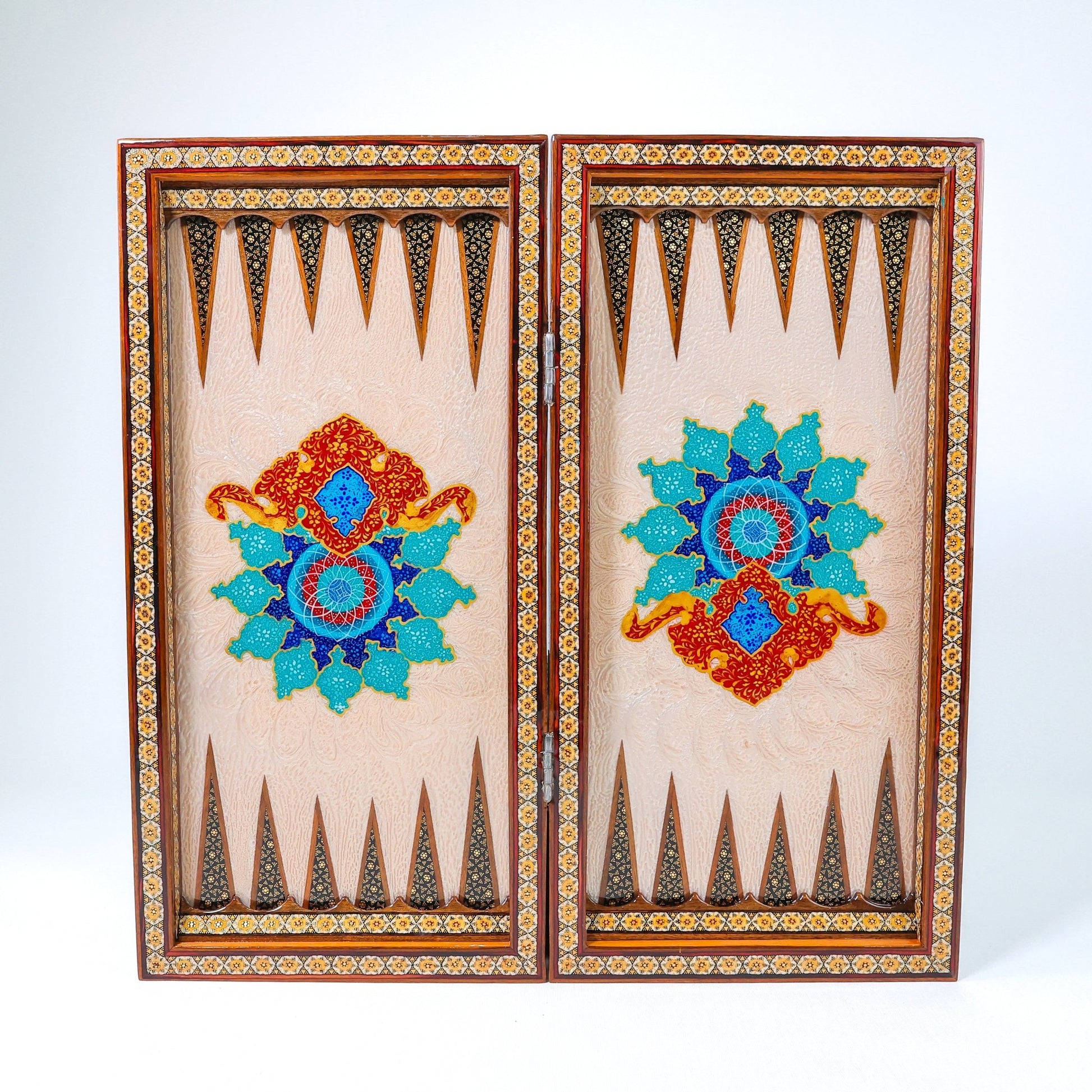 Backgammon & Chess Board – Rounded Edge – Zamani Style – Khatam Painting – Design 02 – Size 50 cm - Meraas Gallery