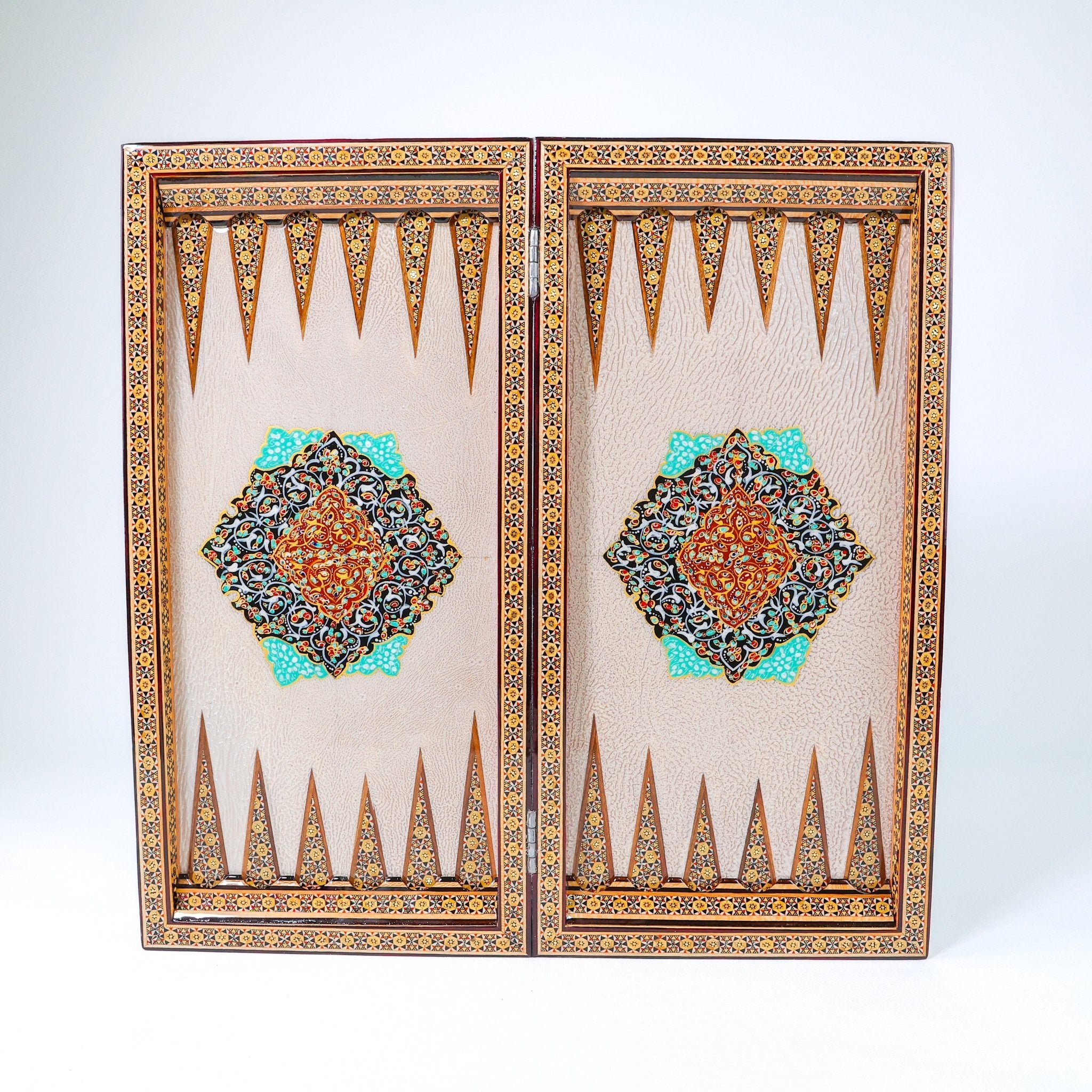 Backgammon & Chess Board – Rounded Edge – Zamani Style – Khatam Painting – Design 03 – Size 50 cm - Meraas Gallery