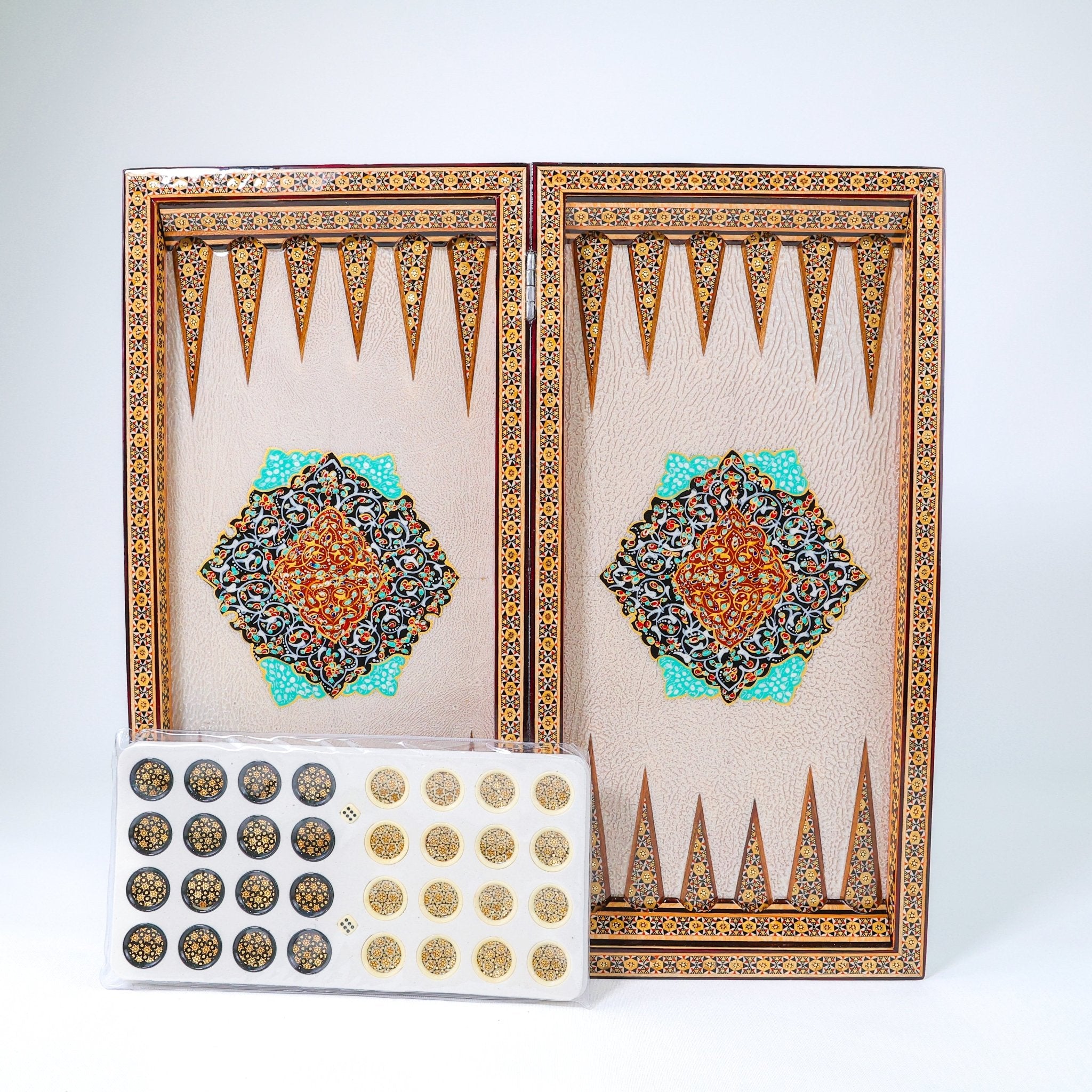 Backgammon & Chess Board – Rounded Edge – Zamani Style – Khatam Painting – Design 03 – Size 50 cm - Meraas Gallery