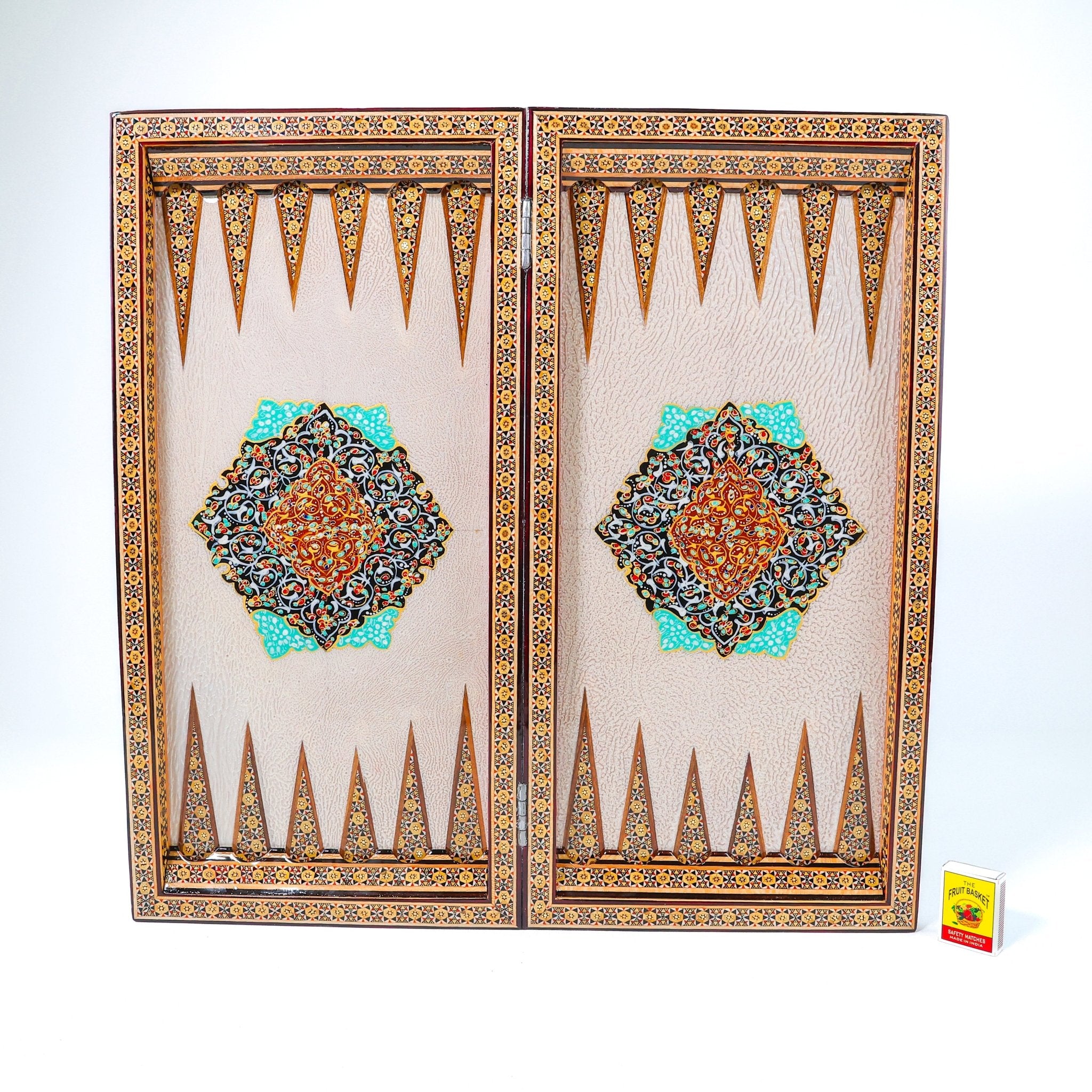 Backgammon & Chess Board – Rounded Edge – Zamani Style – Khatam Painting – Design 03 – Size 50 cm - Meraas Gallery