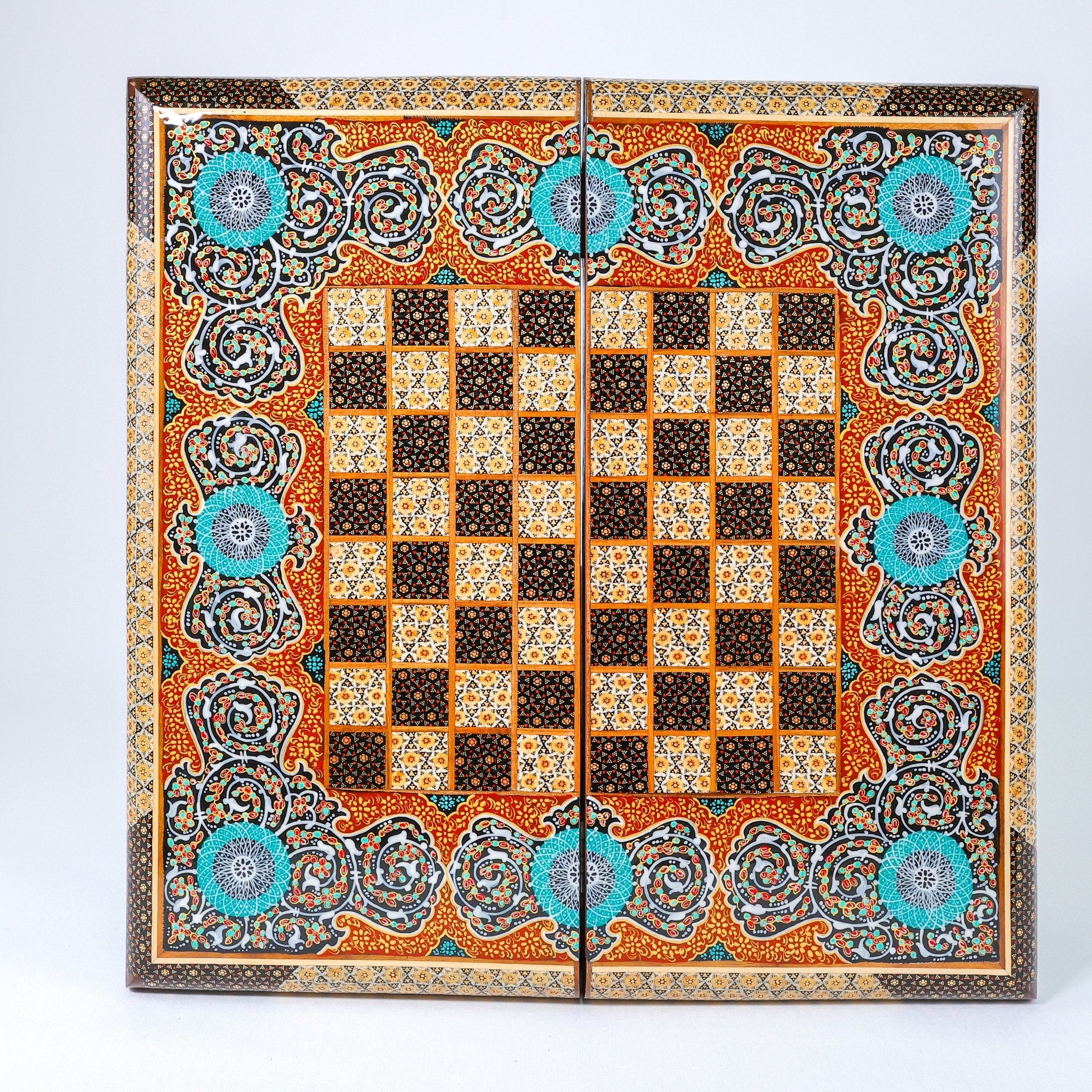 Backgammon & Chess Board – Rounded Edge – Zamani Style – Khatam Painting – Design 03 – Size 50 cm - Meraas Gallery