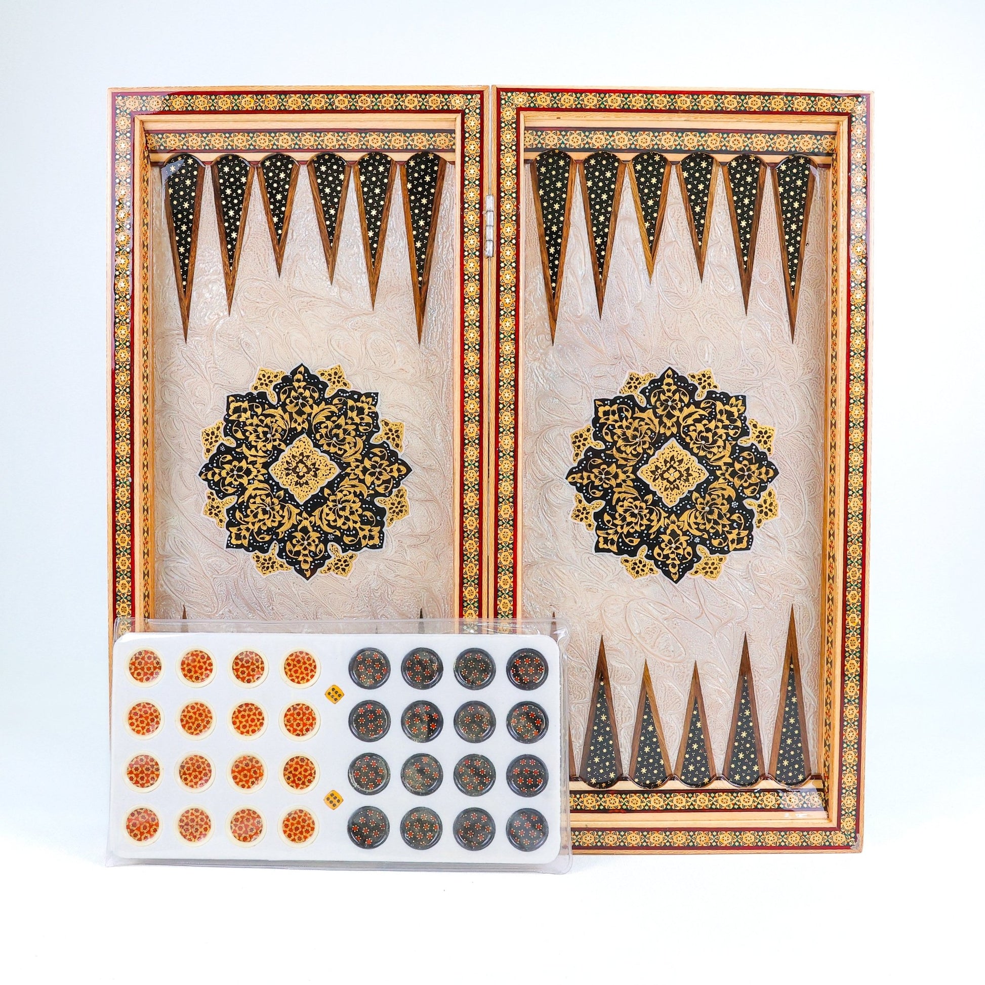 Backgammon & Chess Board – Rounded Edge – Zamani Style – Khatam Painting – Design 04 – Size 50 cm - Meraas Gallery