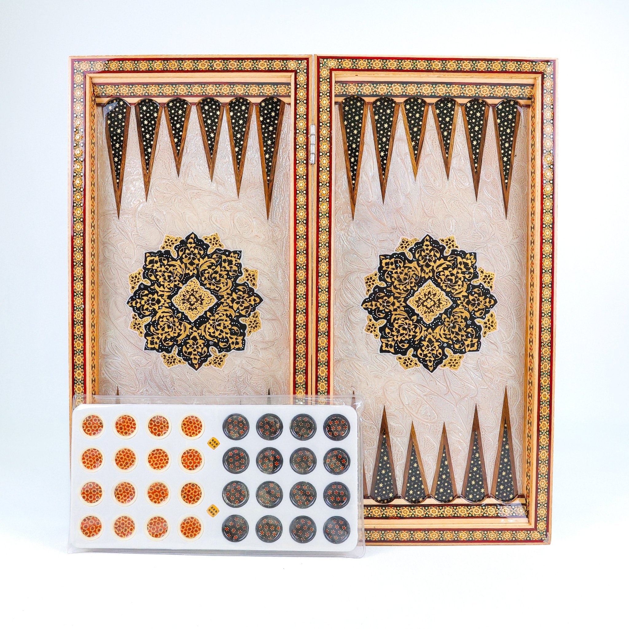 Backgammon & Chess Board – Rounded Edge – Zamani Style – Khatam Painting – Design 04 – Size 50 cm - Meraas Gallery