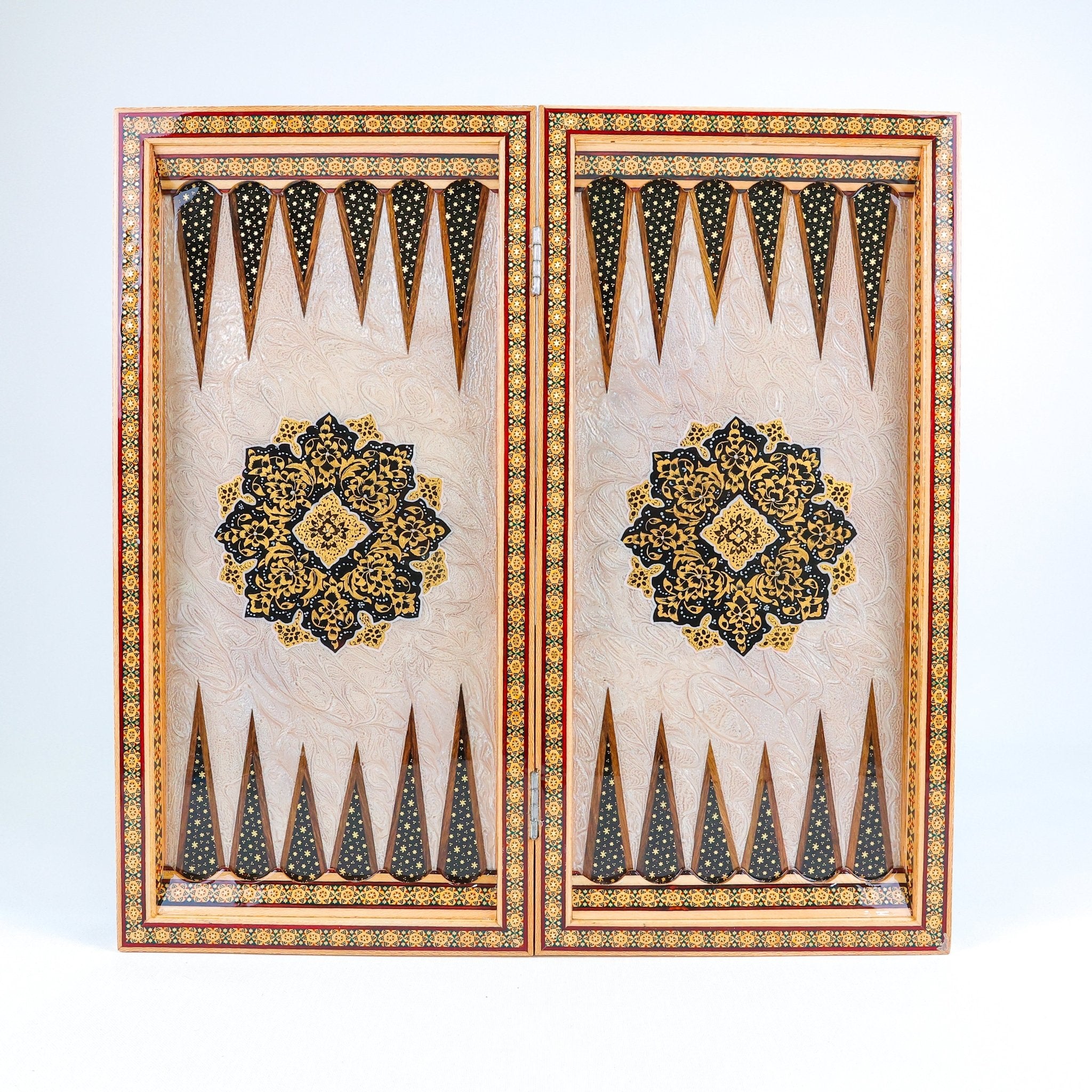 Backgammon & Chess Board – Rounded Edge – Zamani Style – Khatam Painting – Design 04 – Size 50 cm - Meraas Gallery