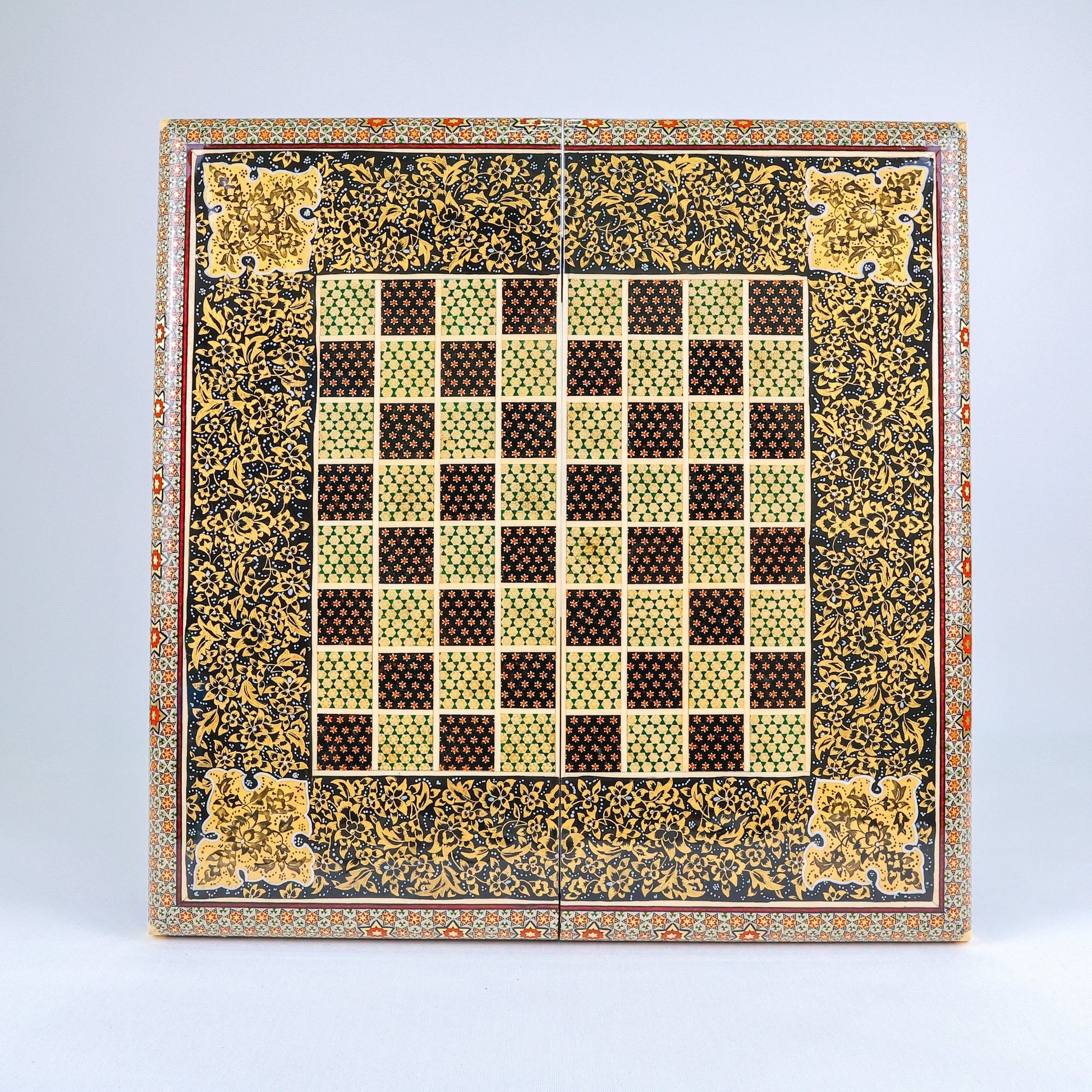 Backgammon & Chess Board – Rounded Edge – Zamani Style – Khatam Painting – Design 04 – Size 50 cm - Meraas Gallery