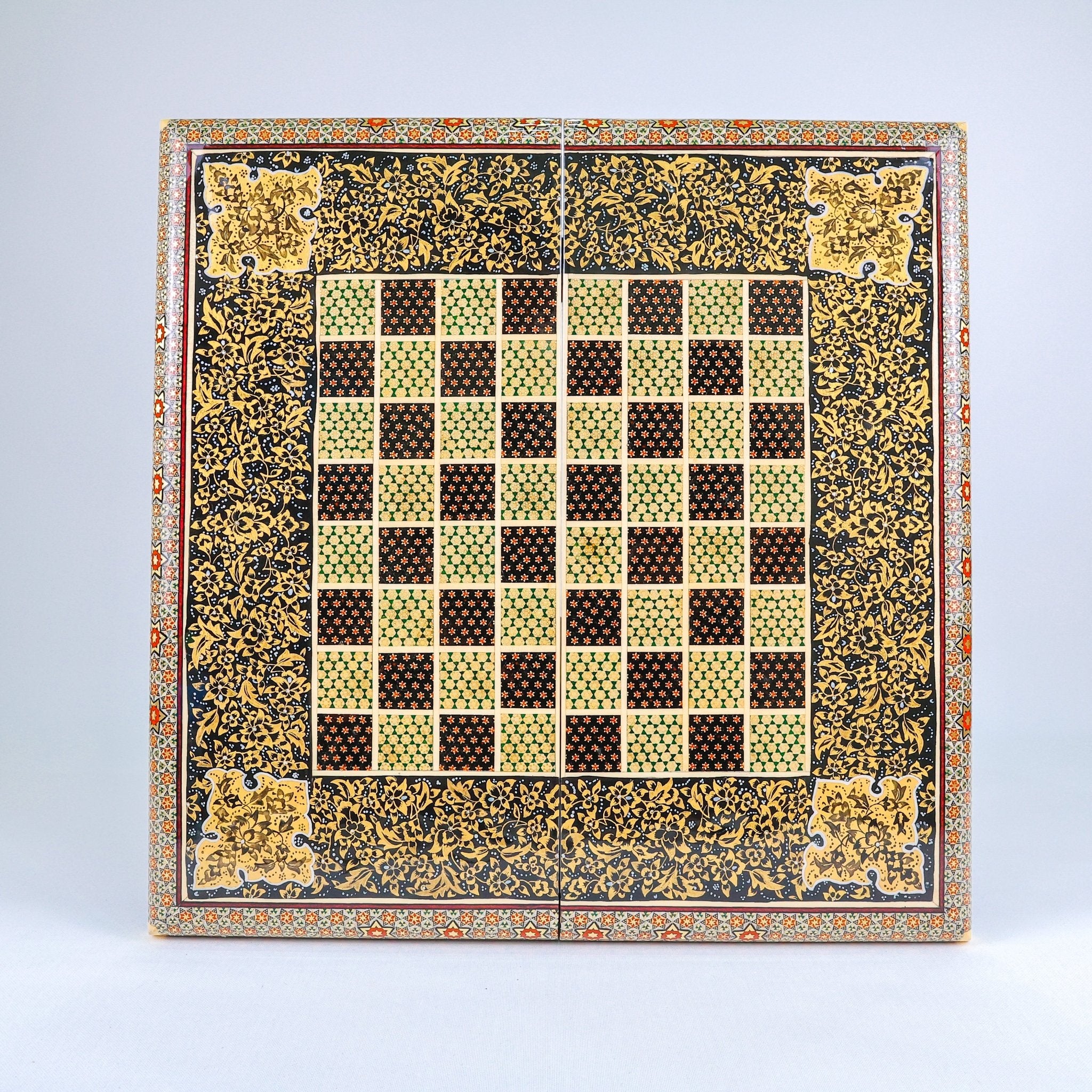 Backgammon & Chess Board – Rounded Edge – Zamani Style – Khatam Painting – Design 04 – Size 50 cm - Meraas Gallery