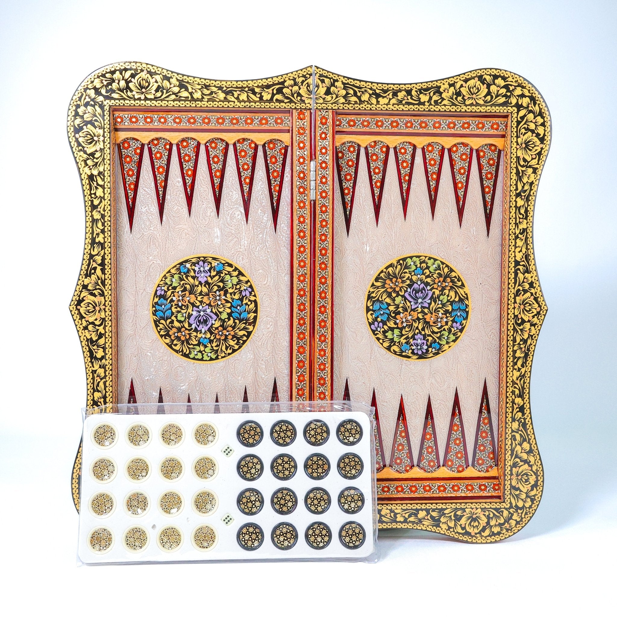 Backgammon & Chess Board – Scalloped Edge – Mother - of - Pearl Interior – Tazhib Design – Size 50 cm - Meraas Gallery
