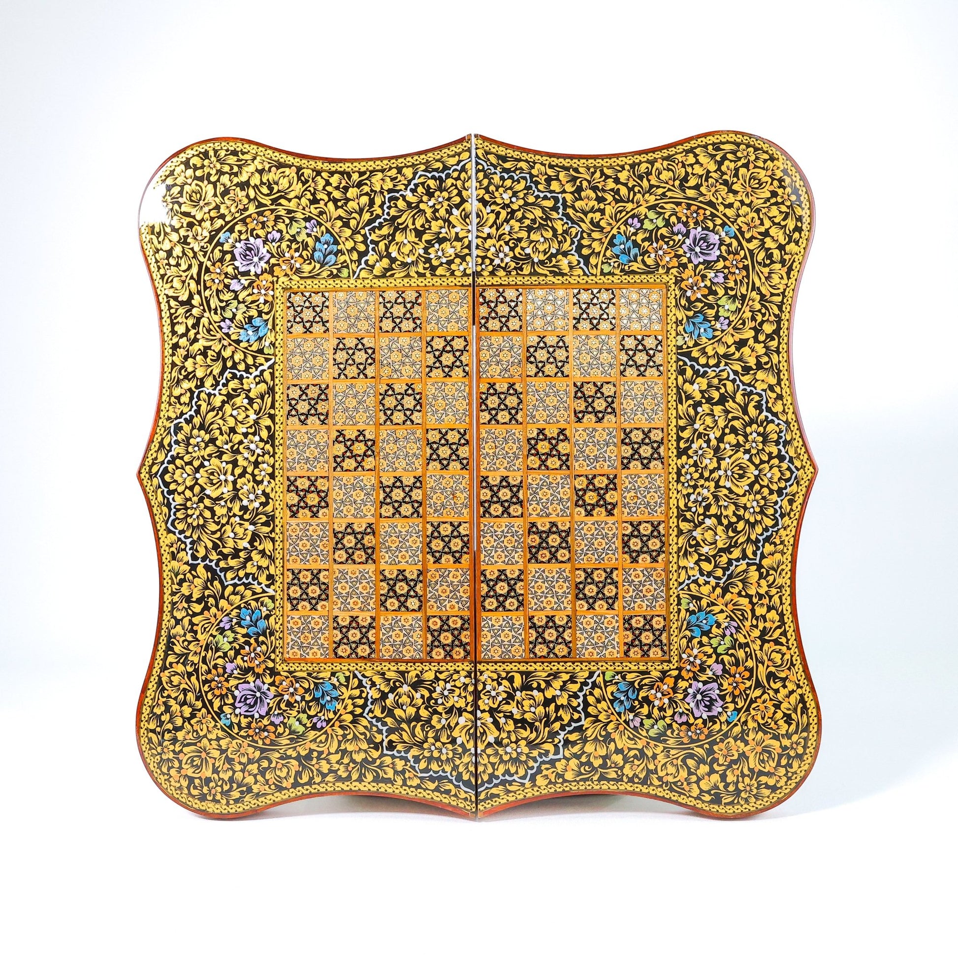 Backgammon & Chess Board – Scalloped Edge – Mother - of - Pearl Interior – Tazhib Design – Size 50 cm - Meraas Gallery