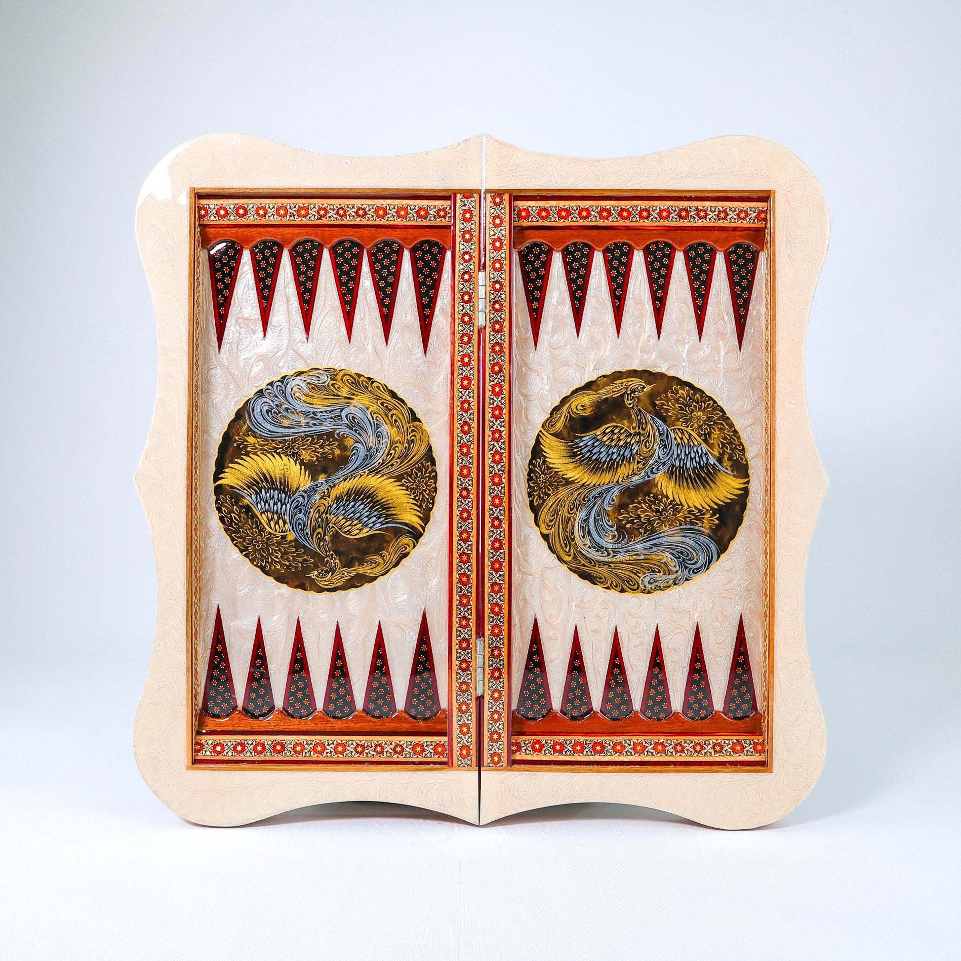 Backgammon Board – Mother - of - Pearl Edge – Tazhib Design – Size 50 cm - Meraas Gallery