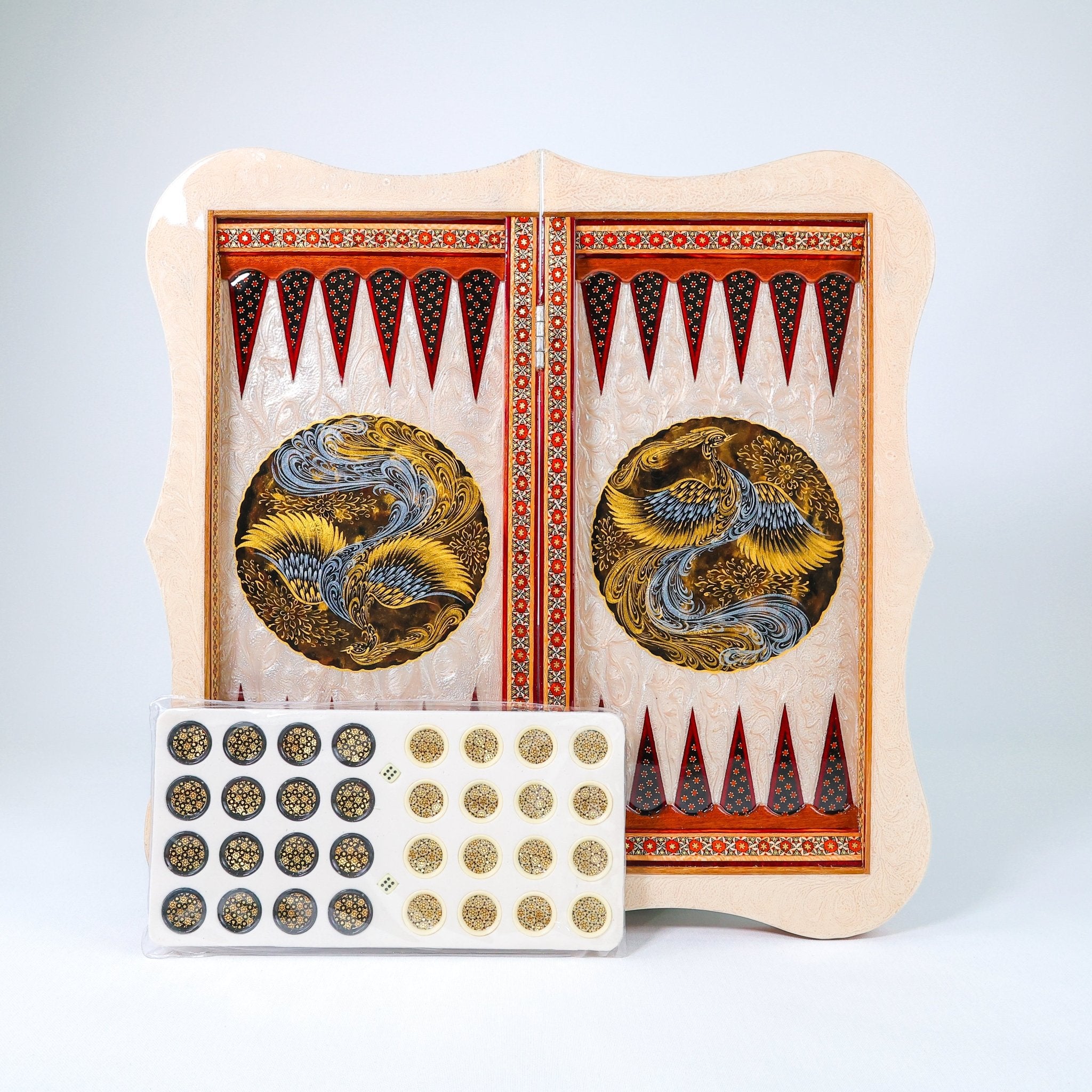 Backgammon Board – Mother - of - Pearl Edge – Tazhib Design – Size 50 cm - Meraas Gallery
