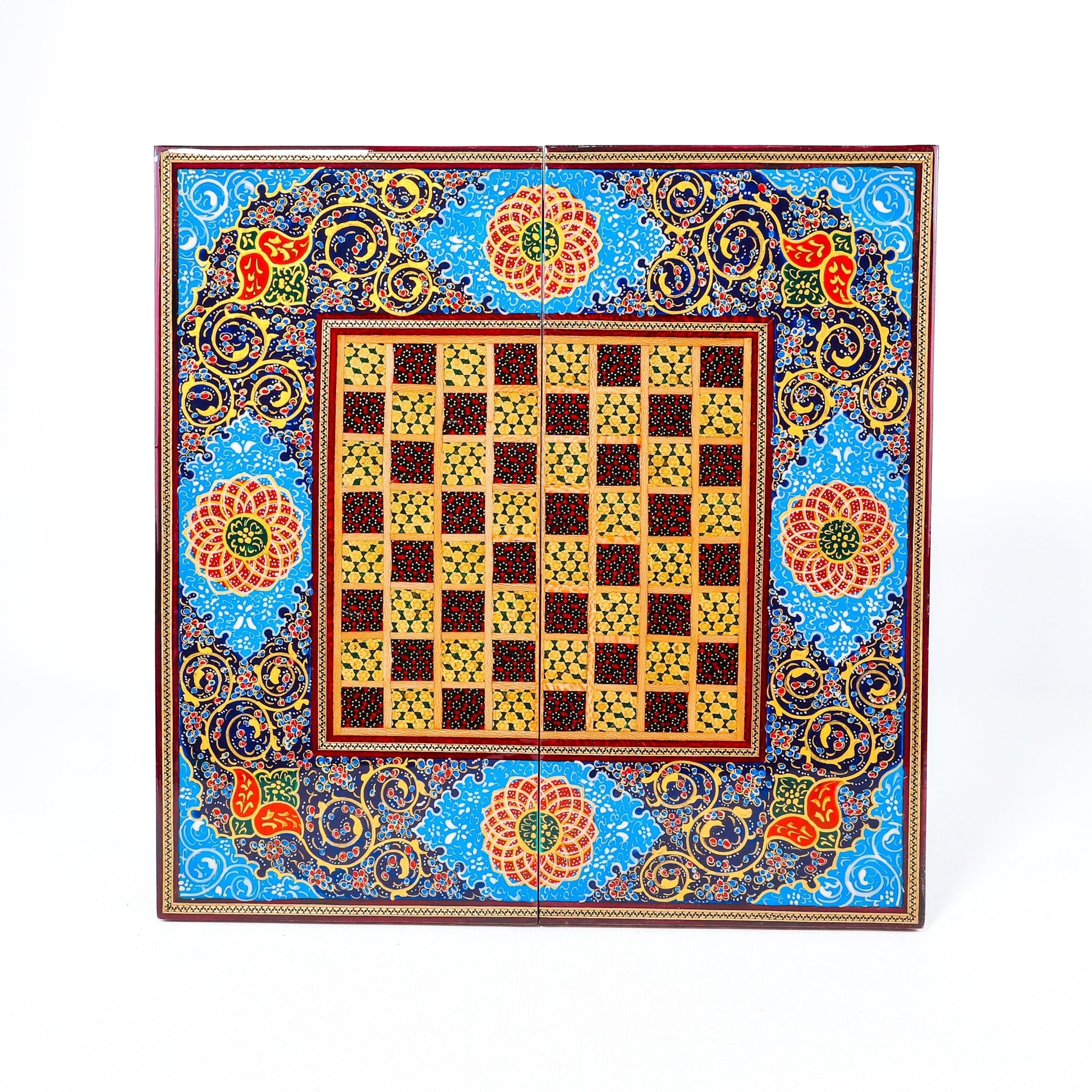 Backgammon Board – Beechwood Interior – Khatam Painting – Design 02 – Size 40 cm - Meraas Gallery