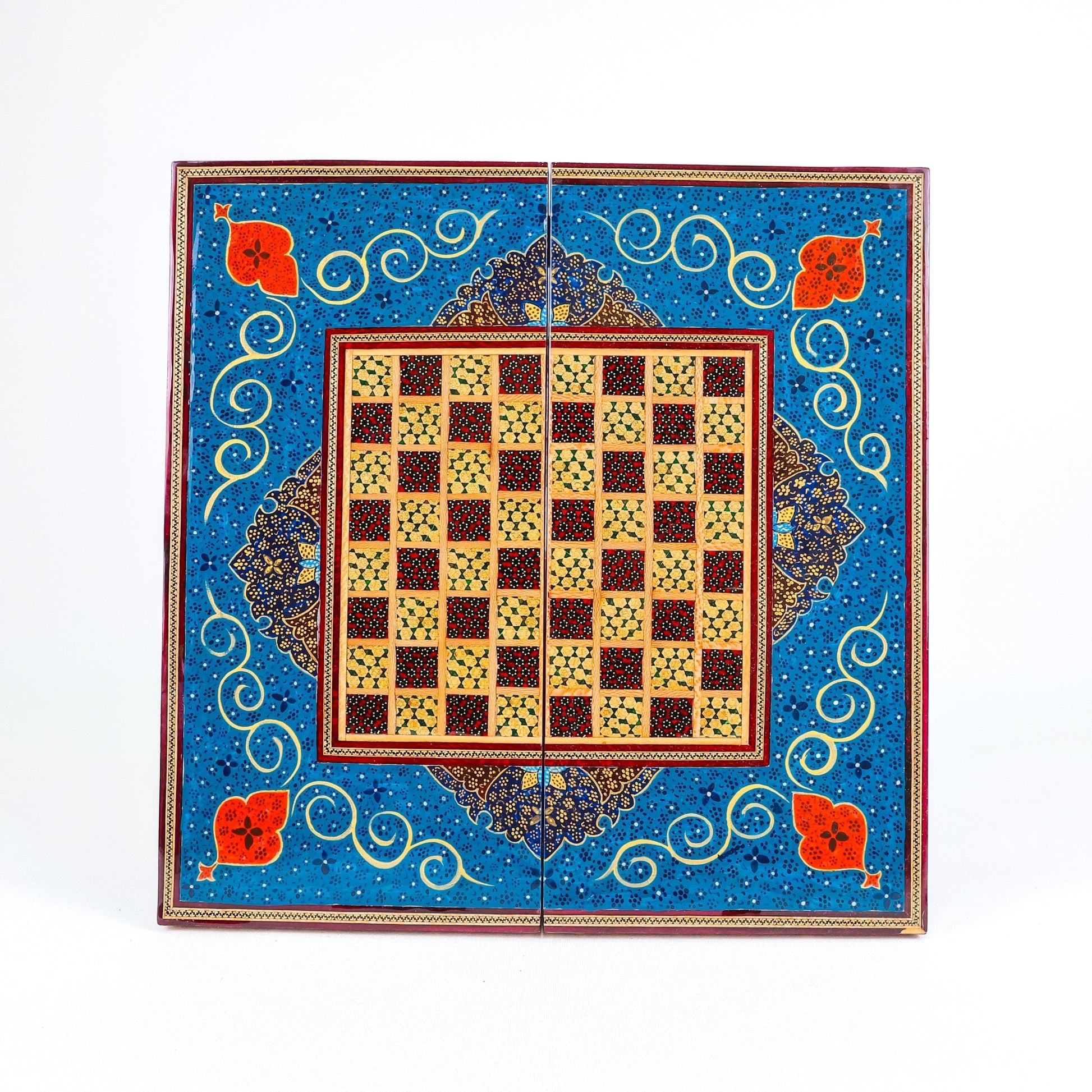 Backgammon Board – Beechwood Interior – Khatam Painting – Design 03 – Size 40 cm - Meraas Gallery