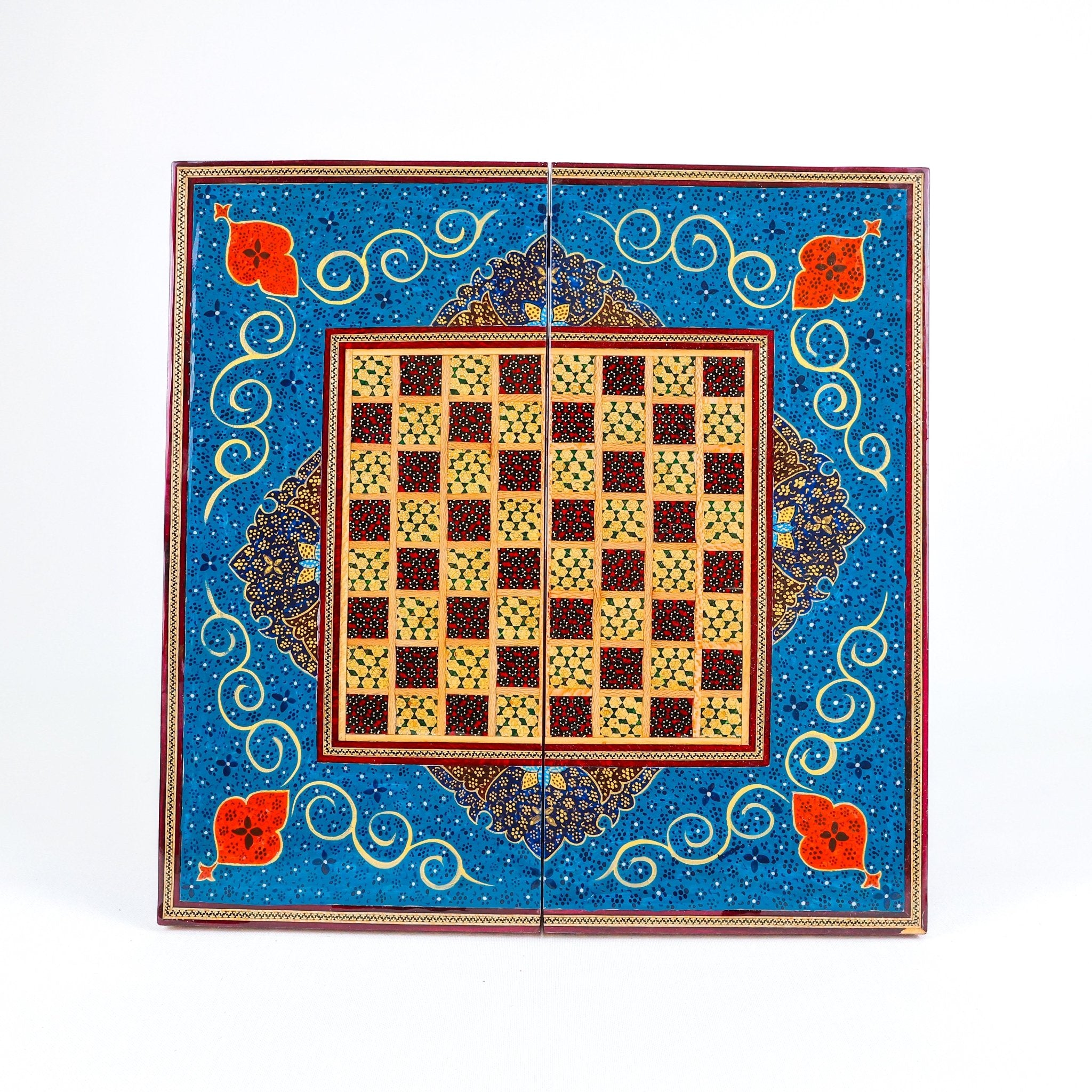 Backgammon Board – Beechwood Interior – Khatam Painting – Design 03 – Size 40 cm - Meraas Gallery