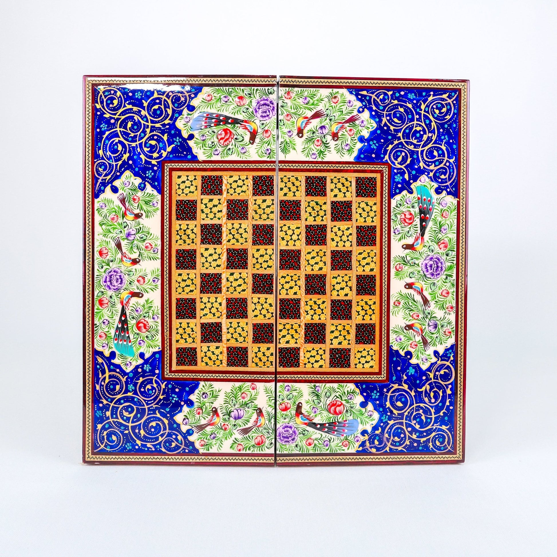 Backgammon Board – Beechwood Interior – Khatam Painting – Design 05 – Size 40 cm - Meraas Gallery