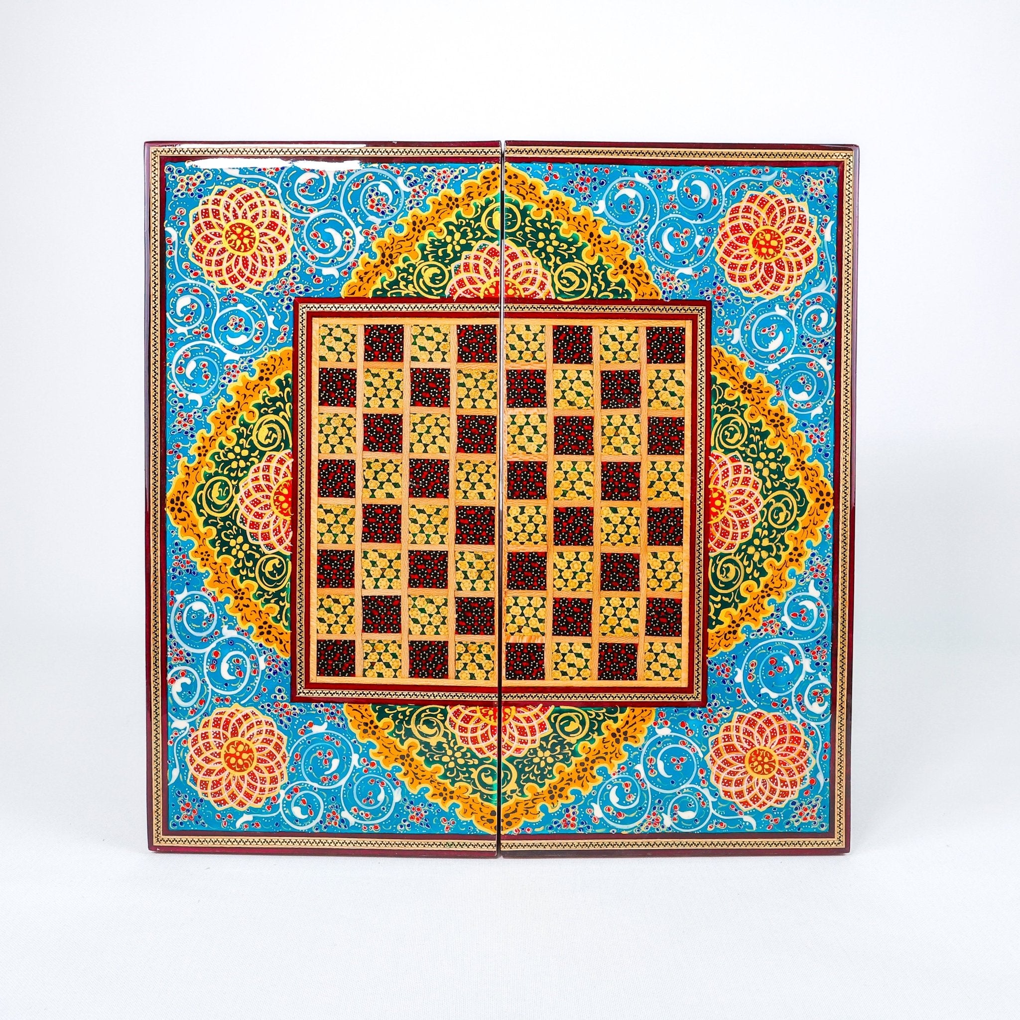 Backgammon Board – Beechwood Interior – Khatam Painting – Design 06 – Size 40 cm - Meraas Gallery