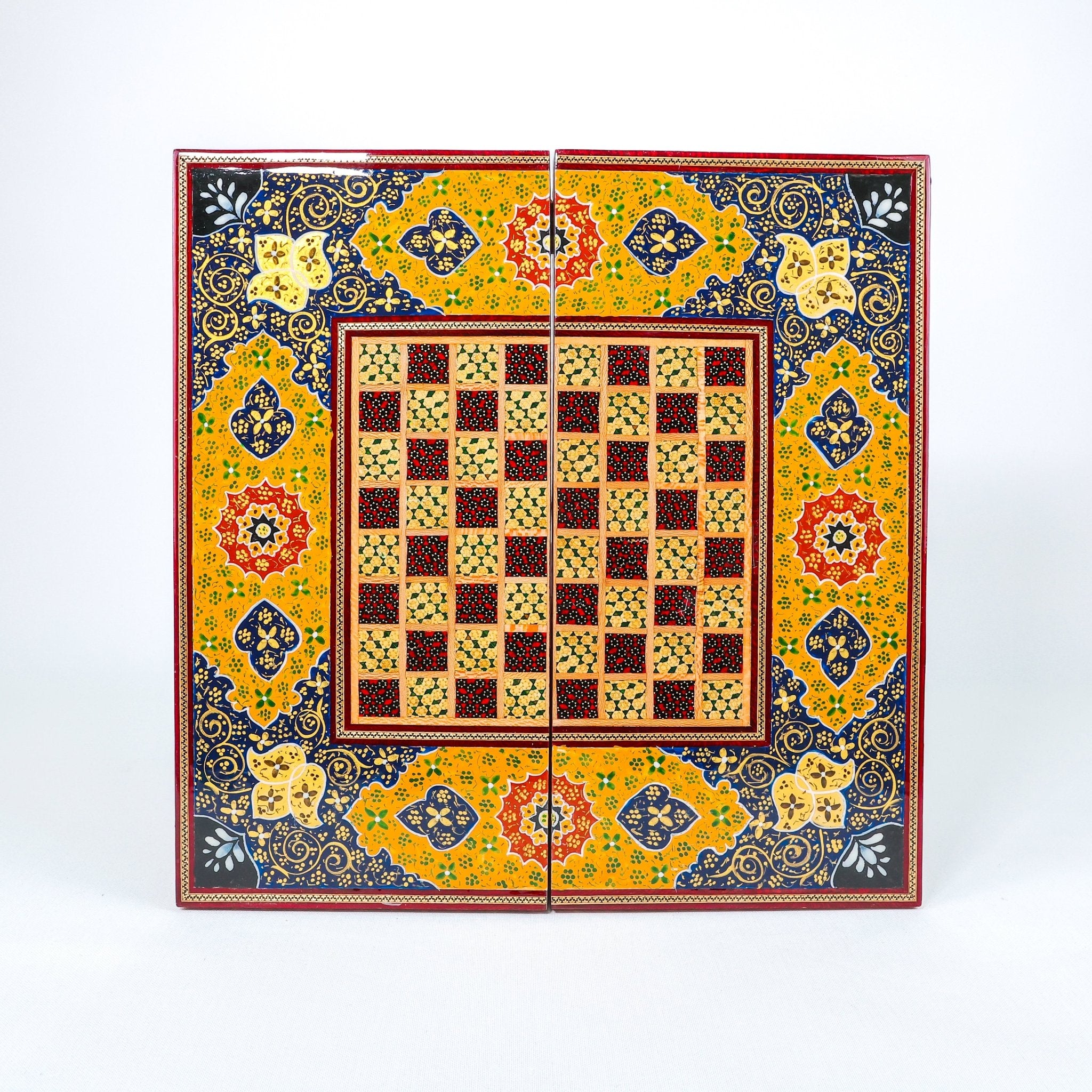 Backgammon Board – Beechwood Interior – Khatam Painting – Design 07 – Size 40 cm - Meraas Gallery