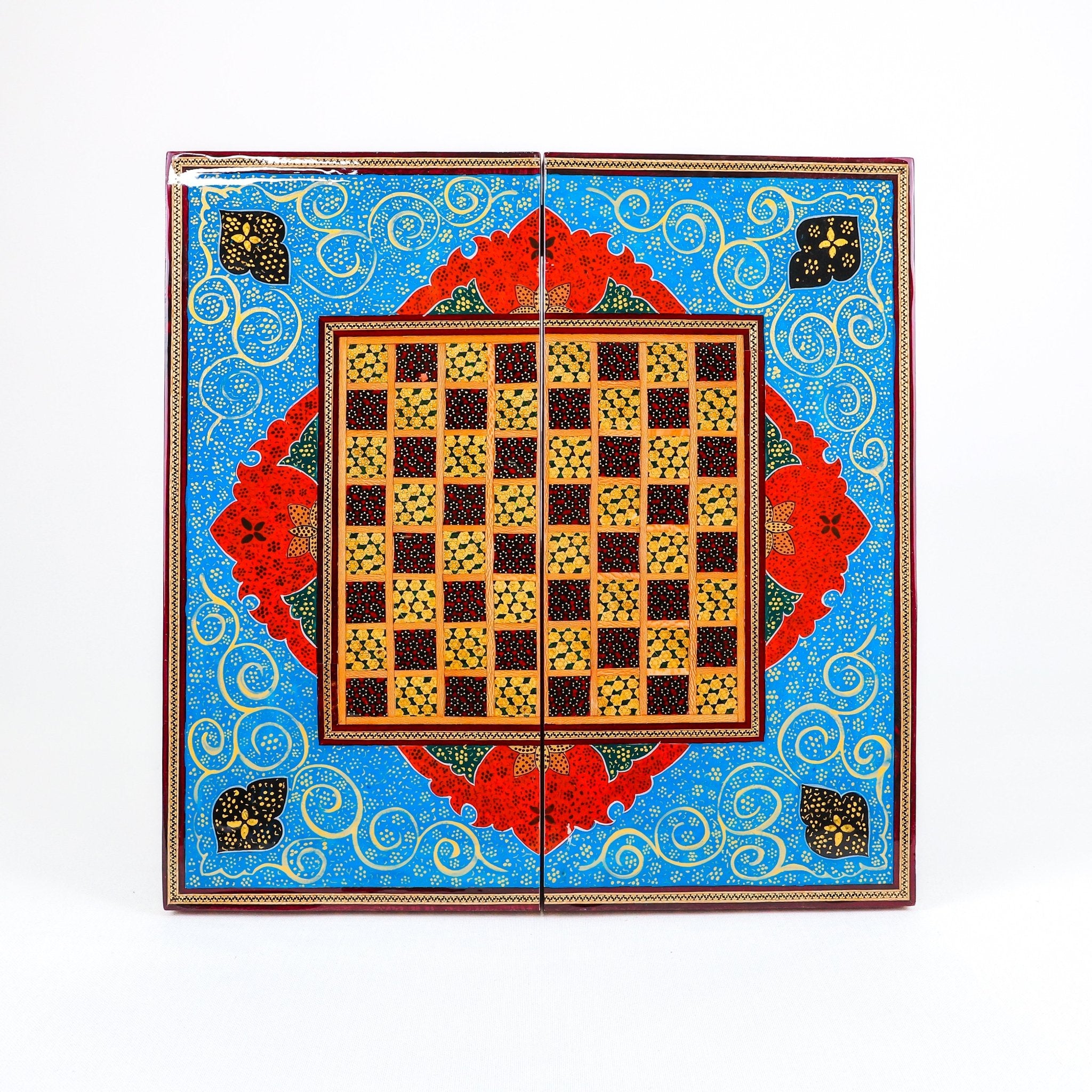 Backgammon Board – Beechwood Interior – Khatam Painting – Design 09 – Size 40 cm - Meraas Gallery