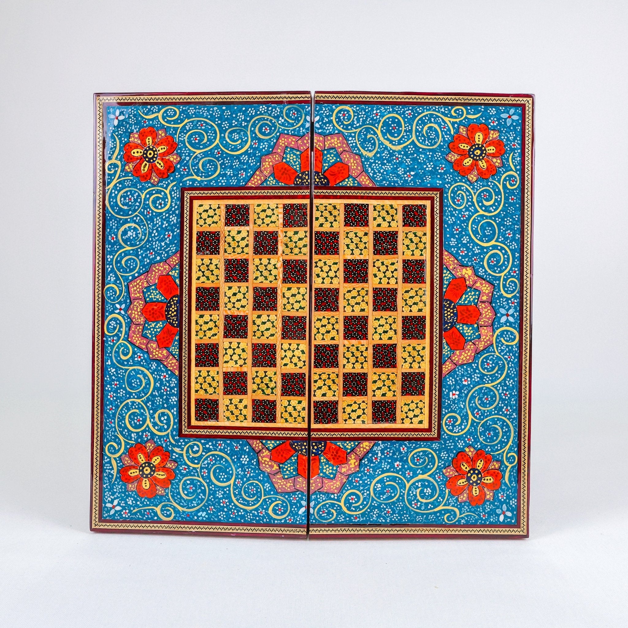 Backgammon Board – Beechwood Interior – Khatam Painting – Design 11 – Size 40 cm - Meraas Gallery