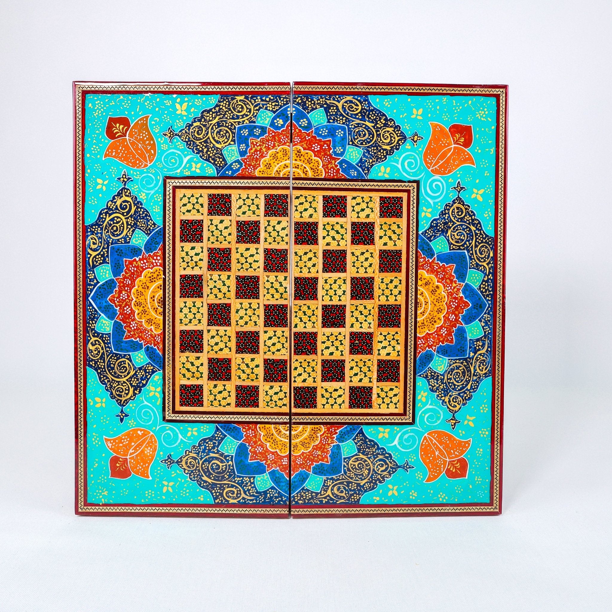 Backgammon Board – Beechwood Interior – Khatam Painting – Design 12 – Size 40 cm - Meraas Gallery