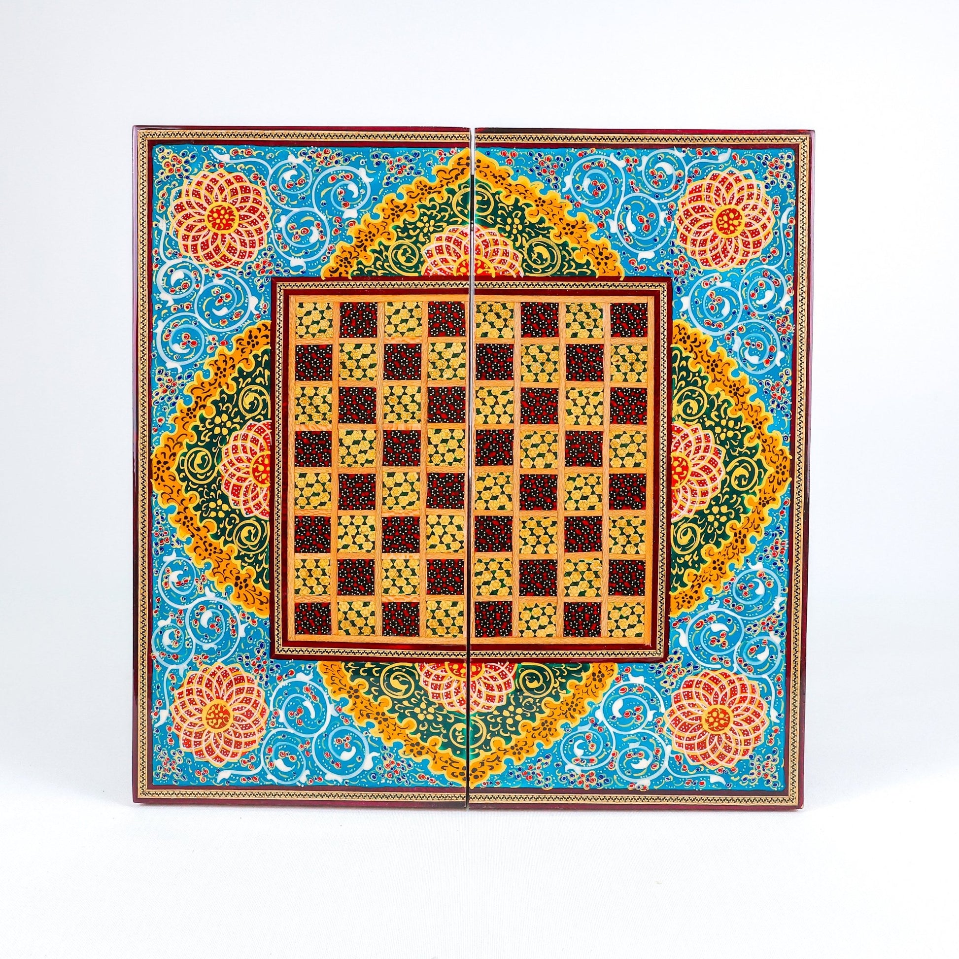 Backgammon Board – Beechwood Interior – Khatam Painting – Design 13 – Size 40 cm - Meraas Gallery