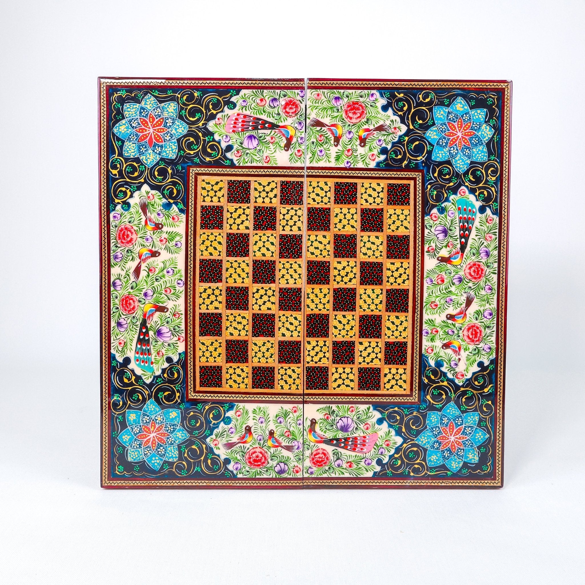 Backgammon Board – Beechwood Interior – Khatam Painting – Design 14 – Size 40 cm - Meraas Gallery