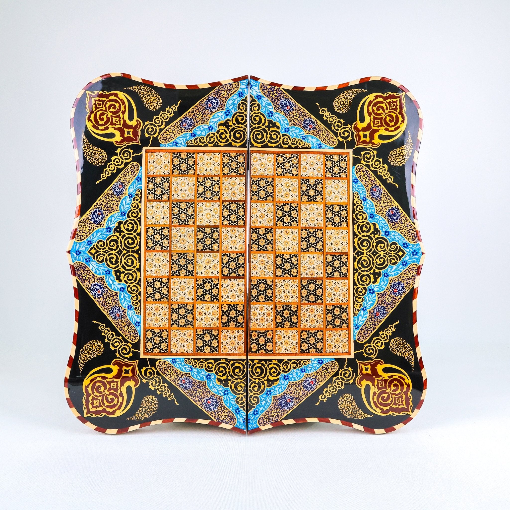 Backgammon & Chess Board – Columned Design – Hand - Painted Tazhib – Design 01 – Size 50 cm - Meraas Gallery
