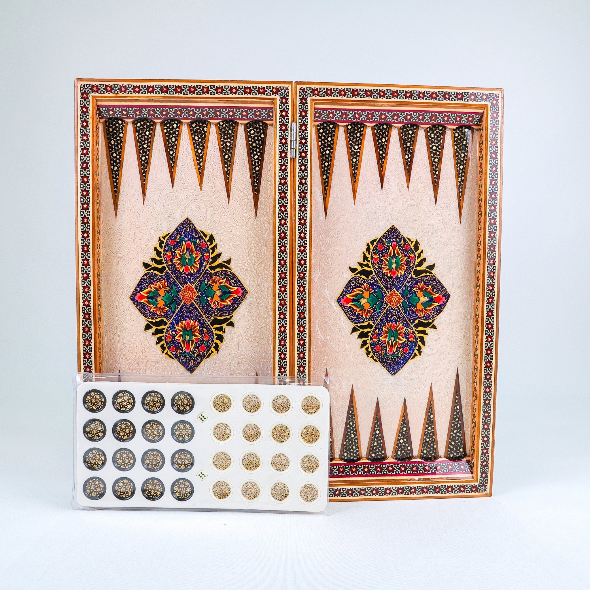 Backgammon & Chess Board – Columned Design – Hand - Painted Tazhib – Design 03 – Size 50 cm - Meraas Gallery