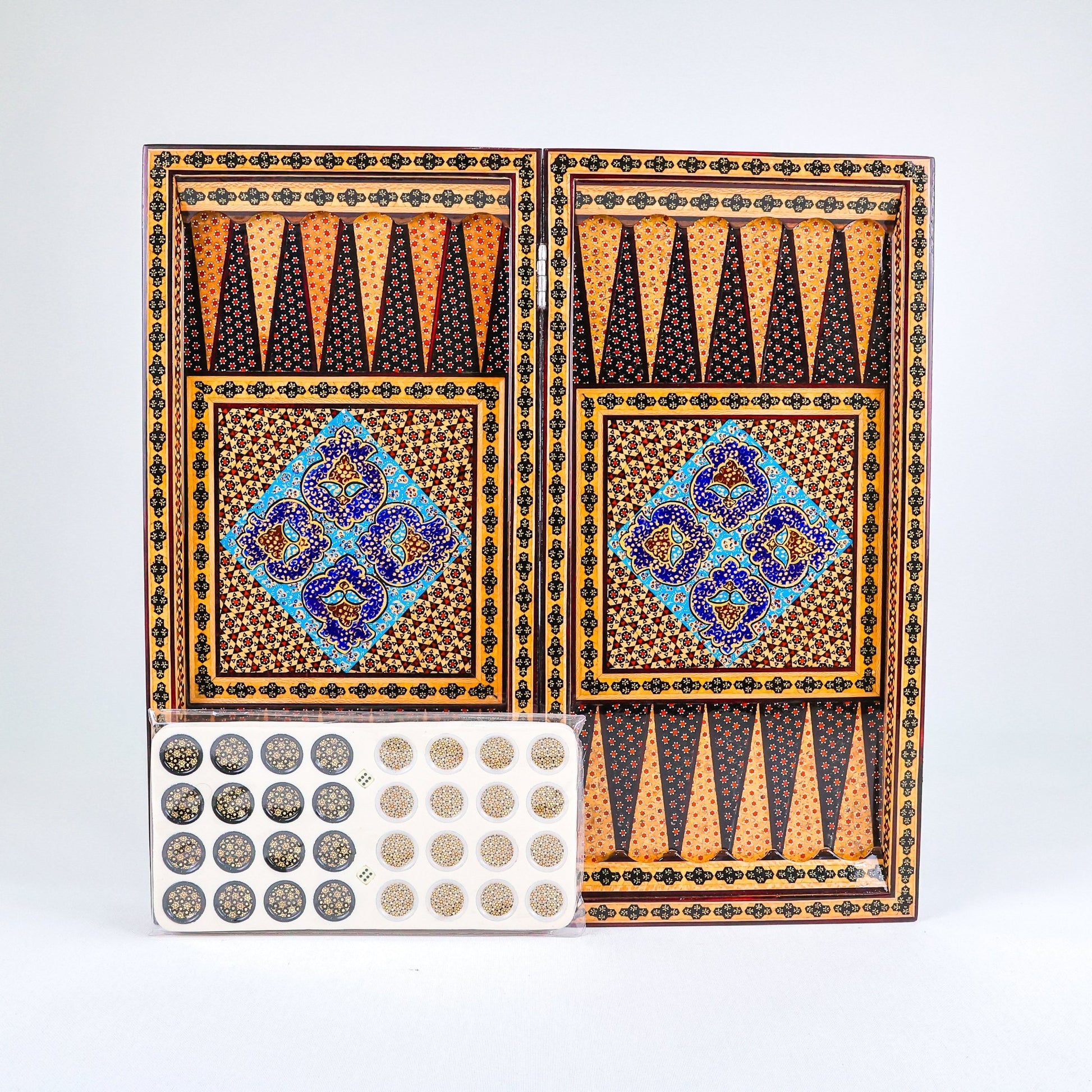 Backgammon & Chess Board – Columned Design – Hand - Painted Tazhib – Design 04 – Size 50 cm - Meraas Gallery