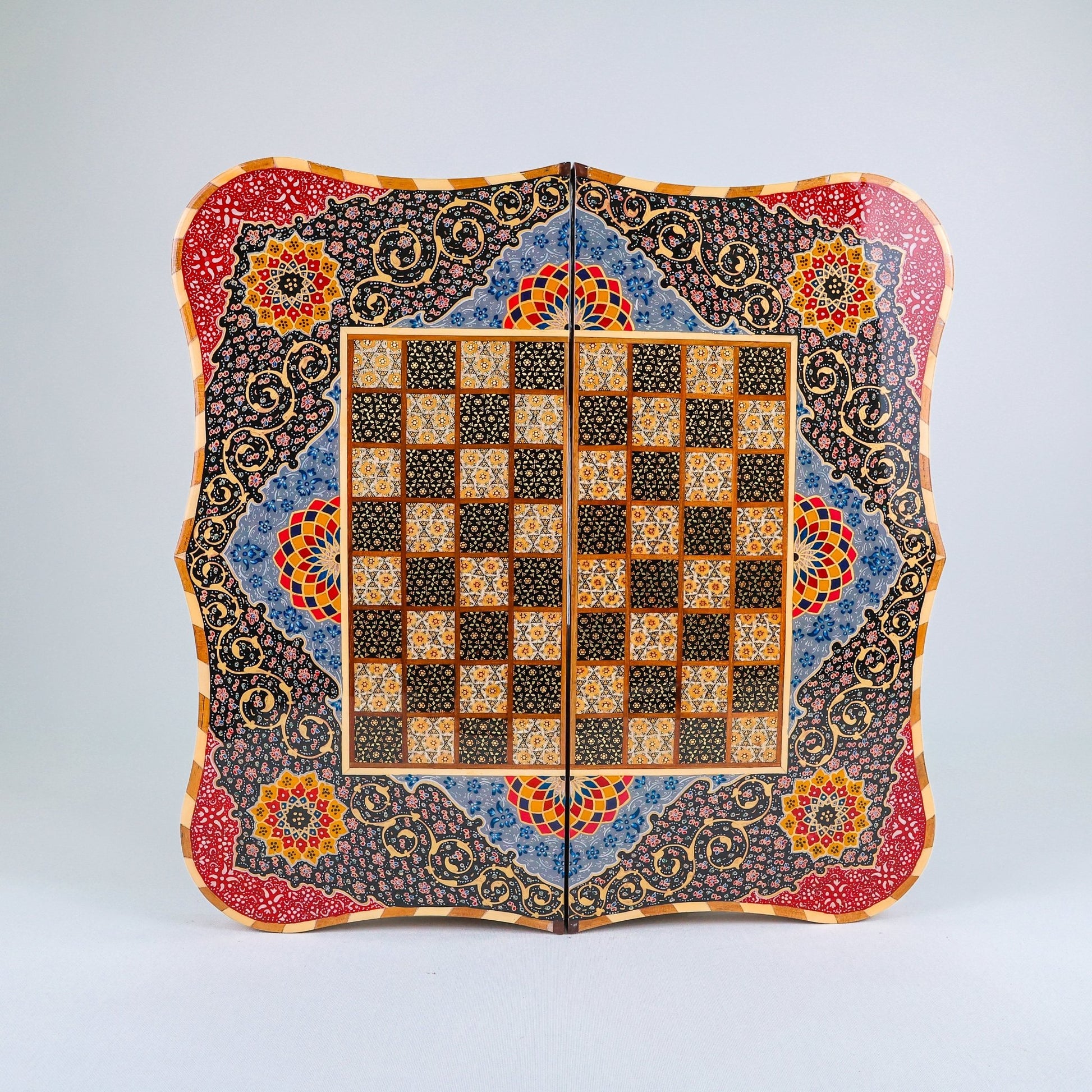 Backgammon & Chess Board – Columned Design – Hand - Painted Tazhib – Design 05 – Size 50 cm - Meraas Gallery