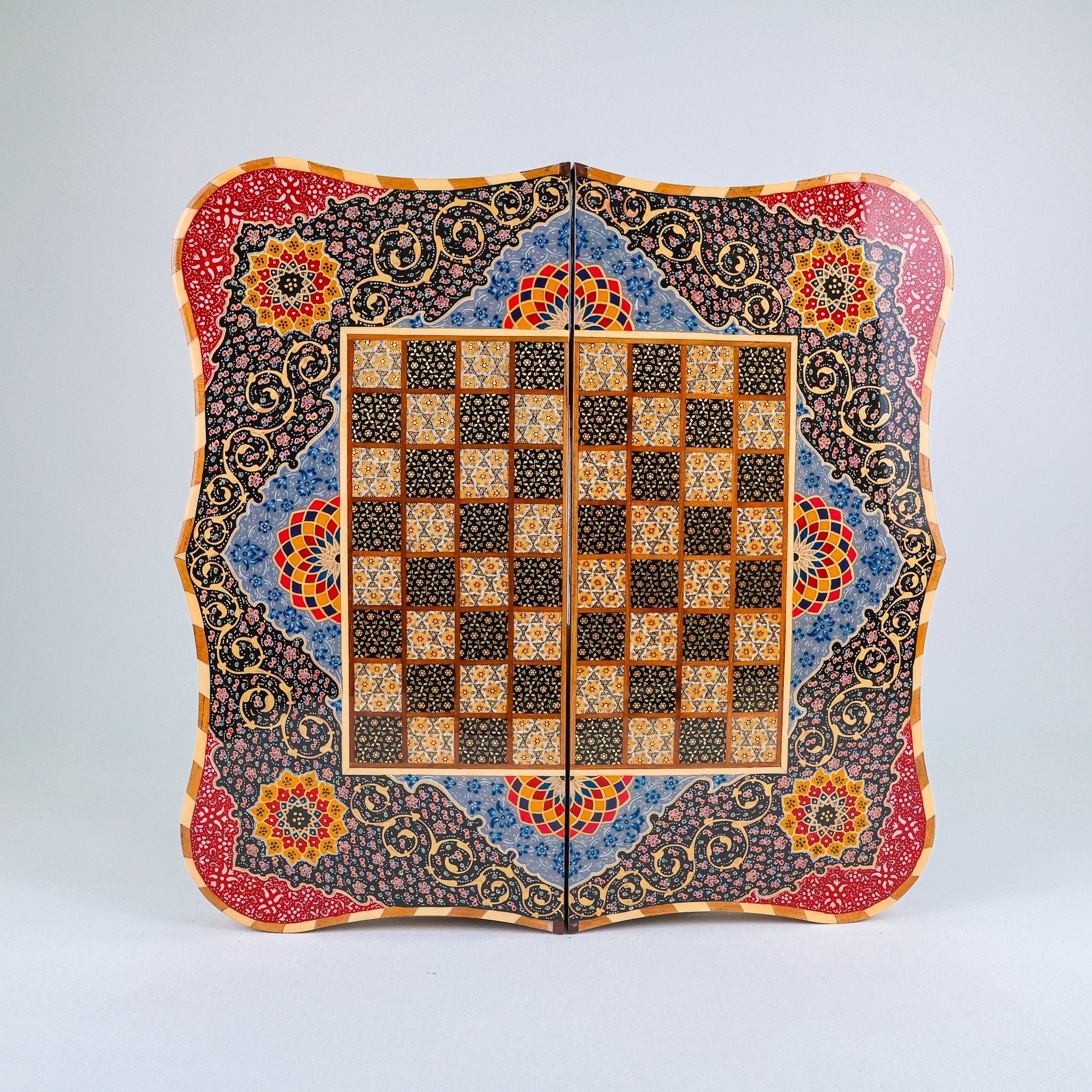 Backgammon & Chess Board – Columned Design – Hand - Painted Tazhib – Design 05 – Size 50 cm - Meraas Gallery