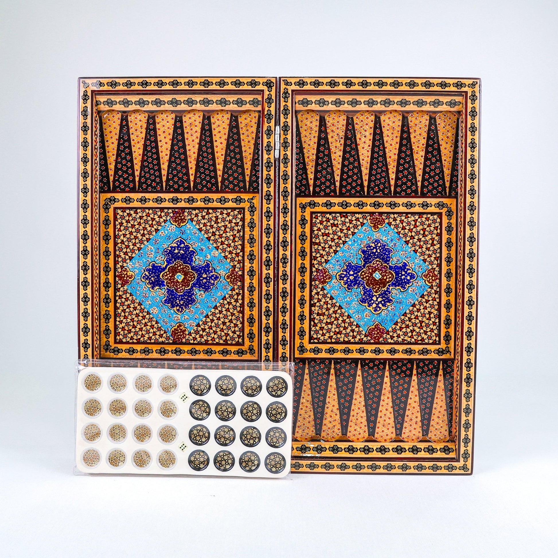 Backgammon & Chess Board – Columned Design – Hand - Painted Tazhib – Design 06 – Size 50 cm - Meraas Gallery