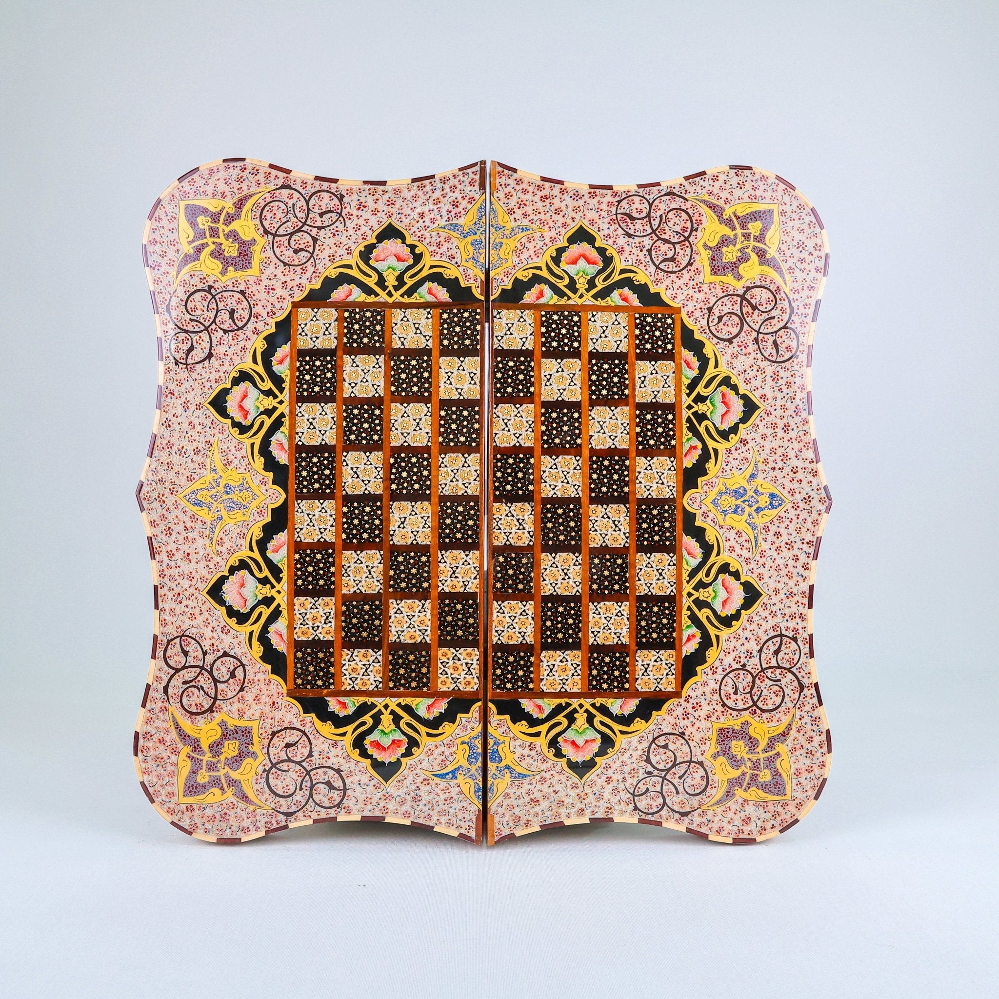Backgammon & Chess Board – Columned Design – Hand - Painted Tazhib – Design 07 – Size 50 cm - Meraas Gallery