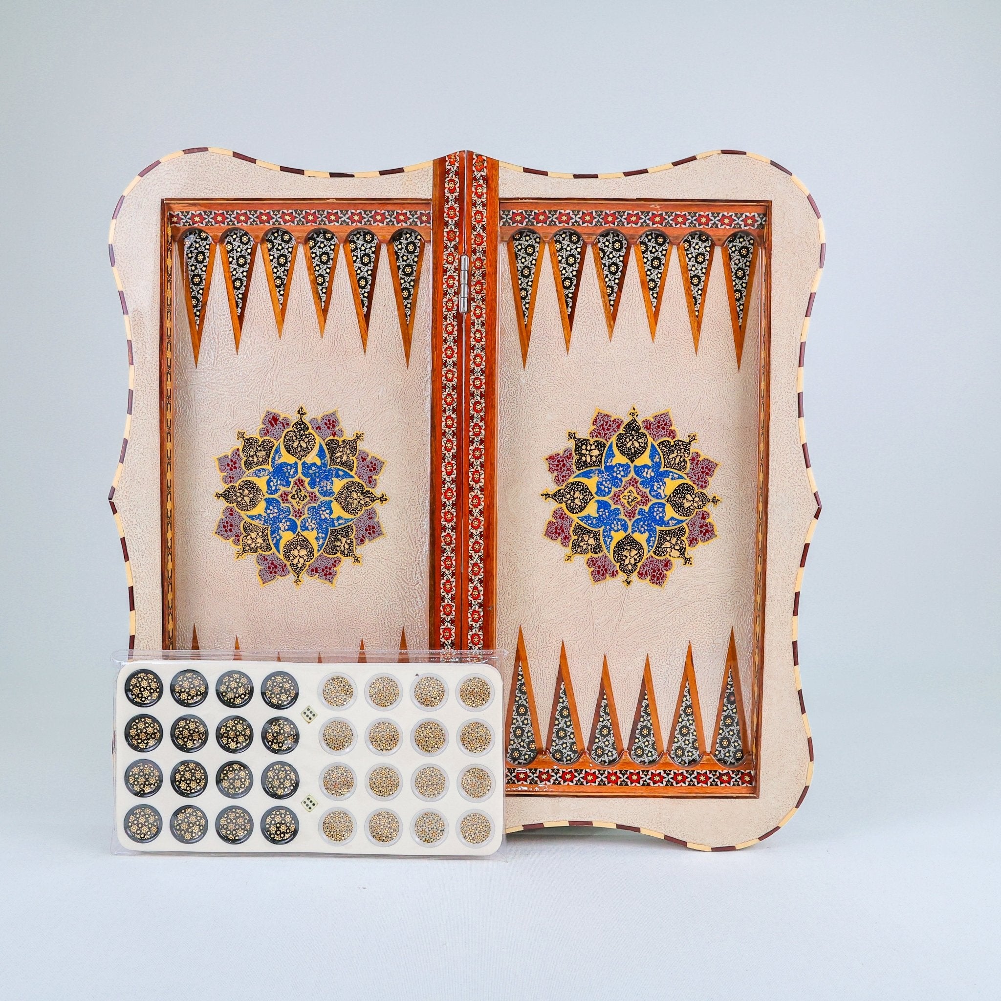 Backgammon & Chess Board – Columned Design – Hand - Painted Tazhib – Design 07 – Size 50 cm - Meraas Gallery